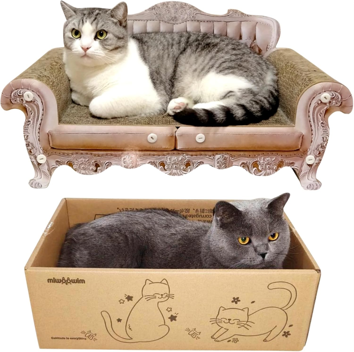 Royal Cat Scratcher Sofa & Box, Durable Cardboard Furniture Guard | Luxury 2PCS Set, 23" Unique Couch & 17.3" Cute Box with Scratch Corrugated Pad, Modern Large Lounger for Indoor Cats