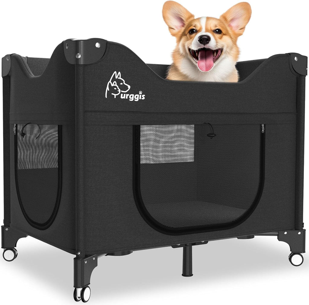 Bedside Dog Lounge Bed, Fordable Bunk Beds Attachment to Human Bed | Raised Dog Lounge Bed for Small Medium Cats & Dogs, Elevated Bedside Co-sleeper Dog Cot with Wheels, Pet Window Perch, Black