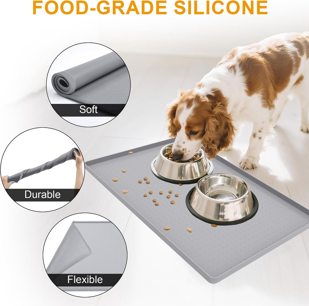 Silicone pet Food mats for Floor Waterproof Water Tray for pet Bowl | Grey 24" x 16" xl pet food mat 0.5” inch raised edge, cat food mats for indoor, pet feeding mat water bowl tray for floors - view 4