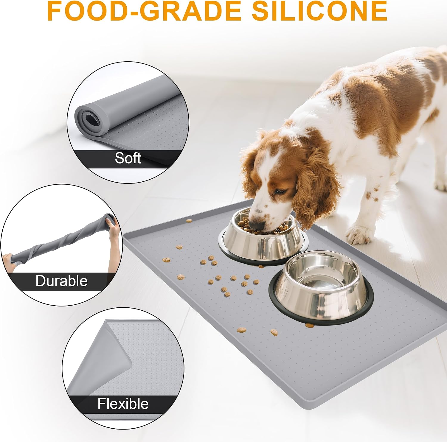 Silicone pet Food mats for Floor Waterproof Water Tray for pet Bowl | Grey 24" x 16" xl pet food mat 0.5” inch raised edge, cat food mats for indoor, pet feeding mat water bowl tray for floors - view 4