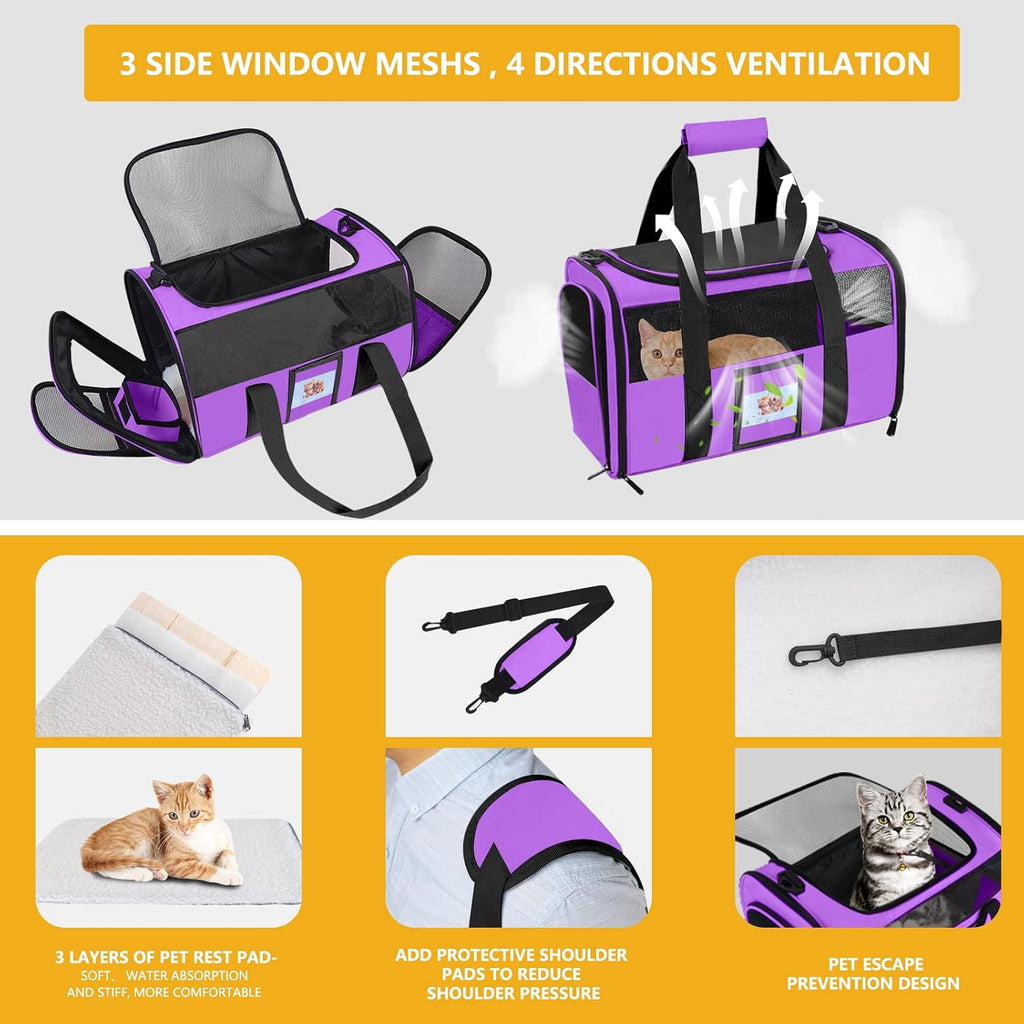17" airline approved cat carrier for cats up to 15lbs, purple | TSA compliant fits under seat, soft-sided lightweight, 4-side breathable mesh, collapsible food bowl for travel - view 5