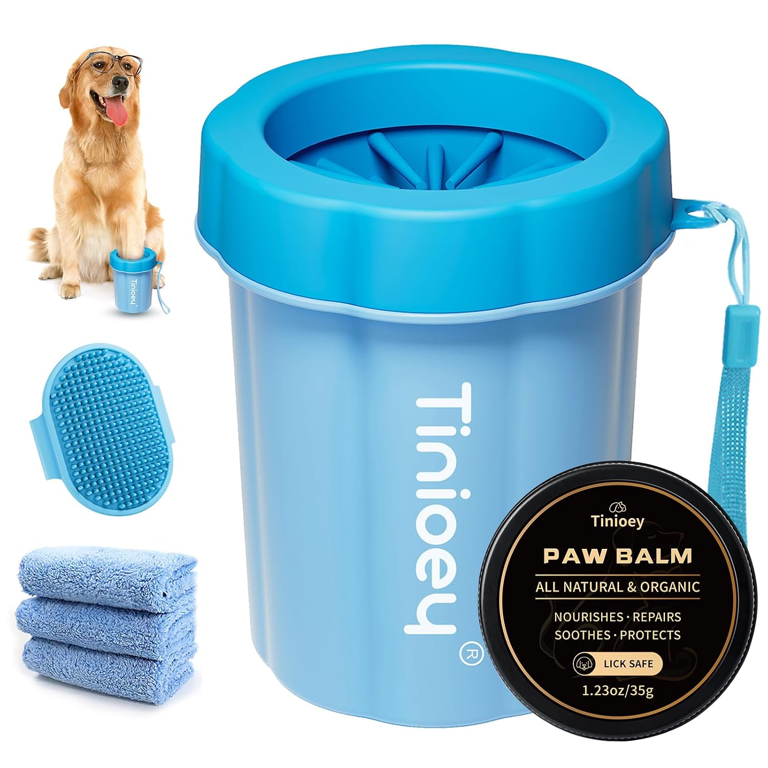 Dog paw cleaner cup, medium dog paw washer with silicone brush | muddy paw cleaner kit with towels & balm, pet foot cleaner for small & medium dogs, no rinse washer for clean paws