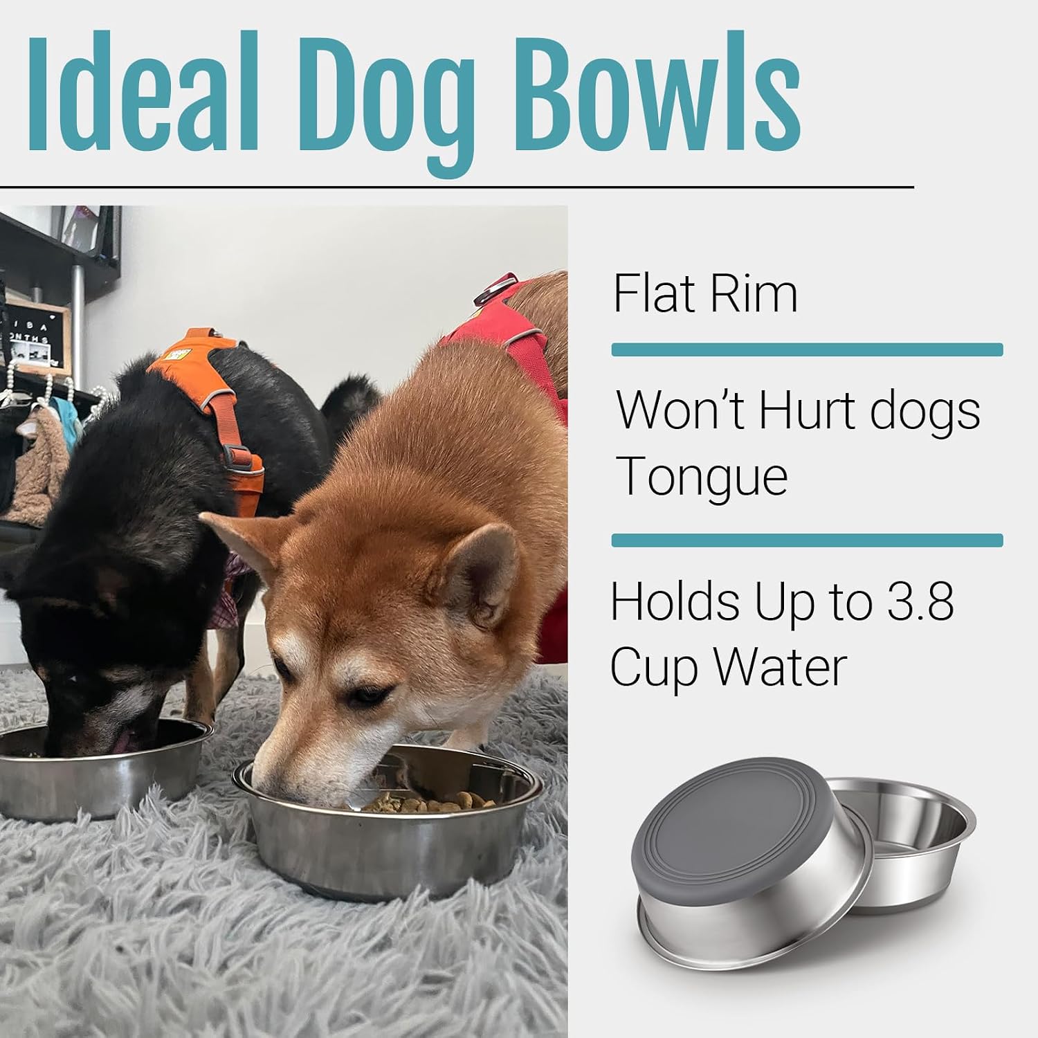 Nonslip stainless steel dog bowls, 3.8 US cup, 2 count | no slide silicone bottom, dishwasher safe, easy to clean, stackable design - view 4