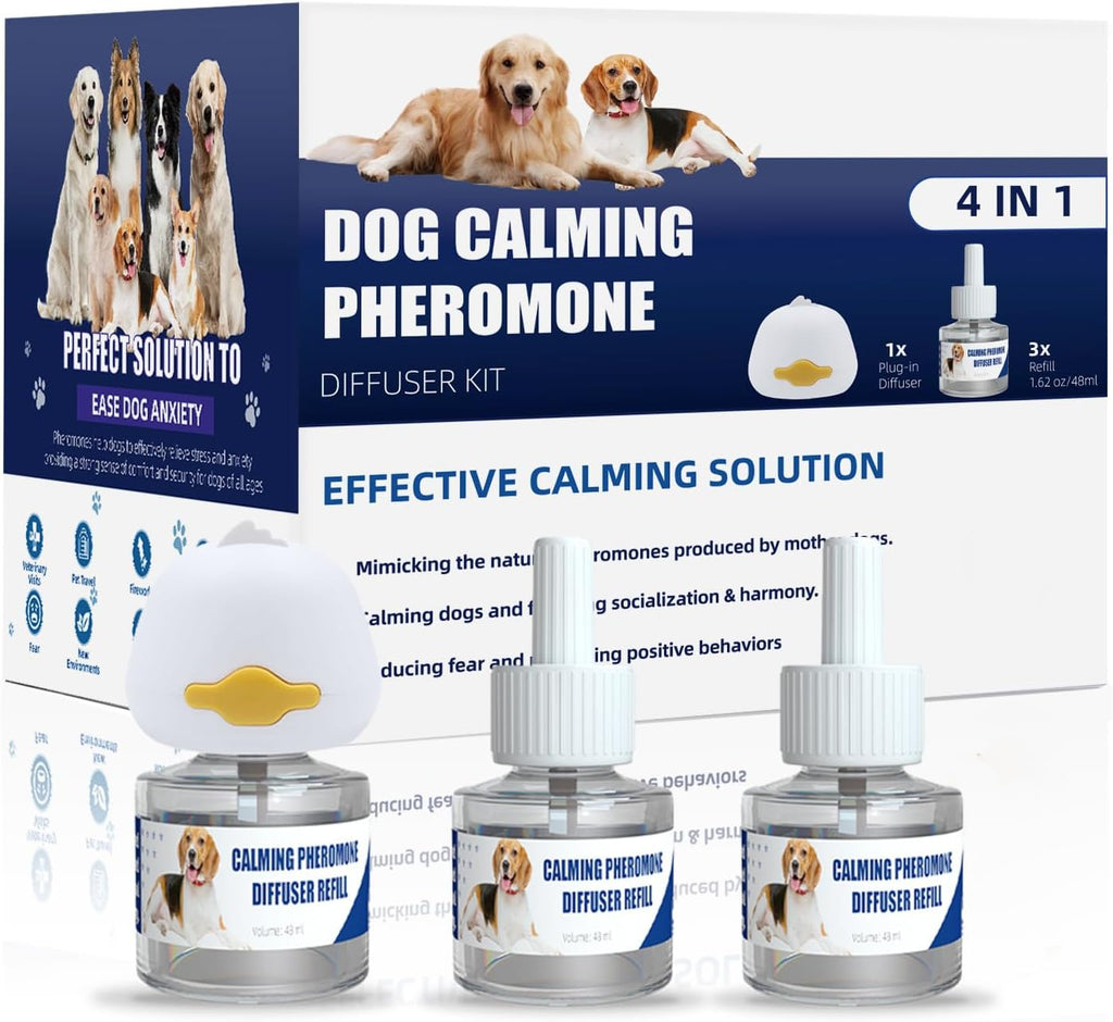 Dog Calming Diffuser Plug In Kit with 3 x 48 mL Pheromone Refills Tasteless | Includes 1 plug in diffuser and 3 x 48 mL refills to help dogs stay calmer during barking, anxiety, stress and noise