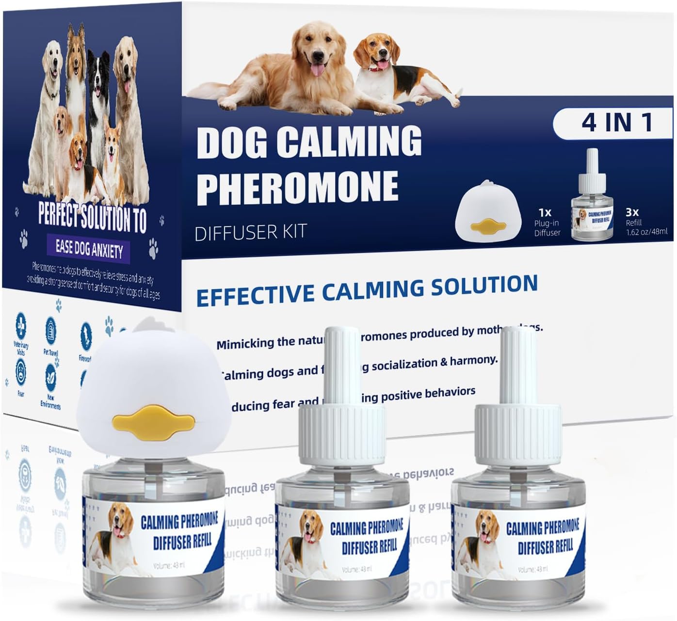 Dog Calming Diffuser Plug In Kit with 3 x 48 mL Pheromone Refills Tasteless | Includes 1 plug in diffuser and 3 x 48 mL refills to help dogs stay calmer during barking, anxiety, stress and noise