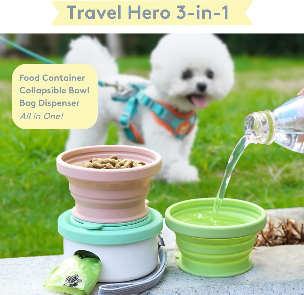 3-in-1 portable pet food container for puppies and small breeds, comes with a silicone water bowl and poop bag dispenser in one, glacier - view 3