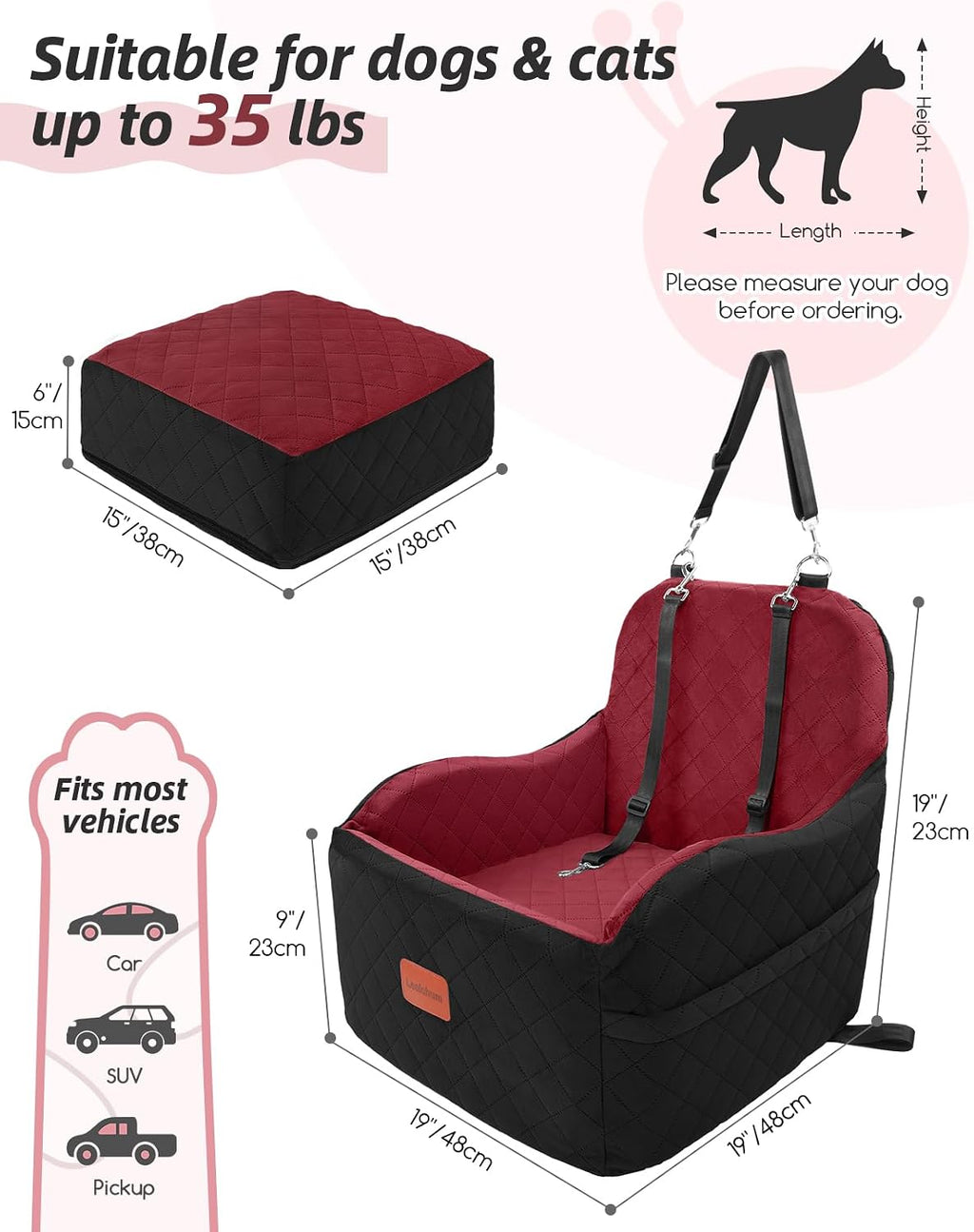 Lealchum dog booster car seat for small/medium dogs, puppy portable car bed with elevated cushion, fully detachable and washable, 2 storage pockets, easy to install (black/red, medium) - view 2