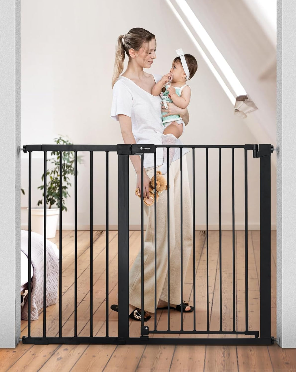 36" Extra Tall Baby Gate for Stairs, Fits 29.5" to 48.8" Openings | Auto Close Extra Wide Dog Gate for House, Pressure Mounted Easy Walk Through Pet Gate with Door, Black