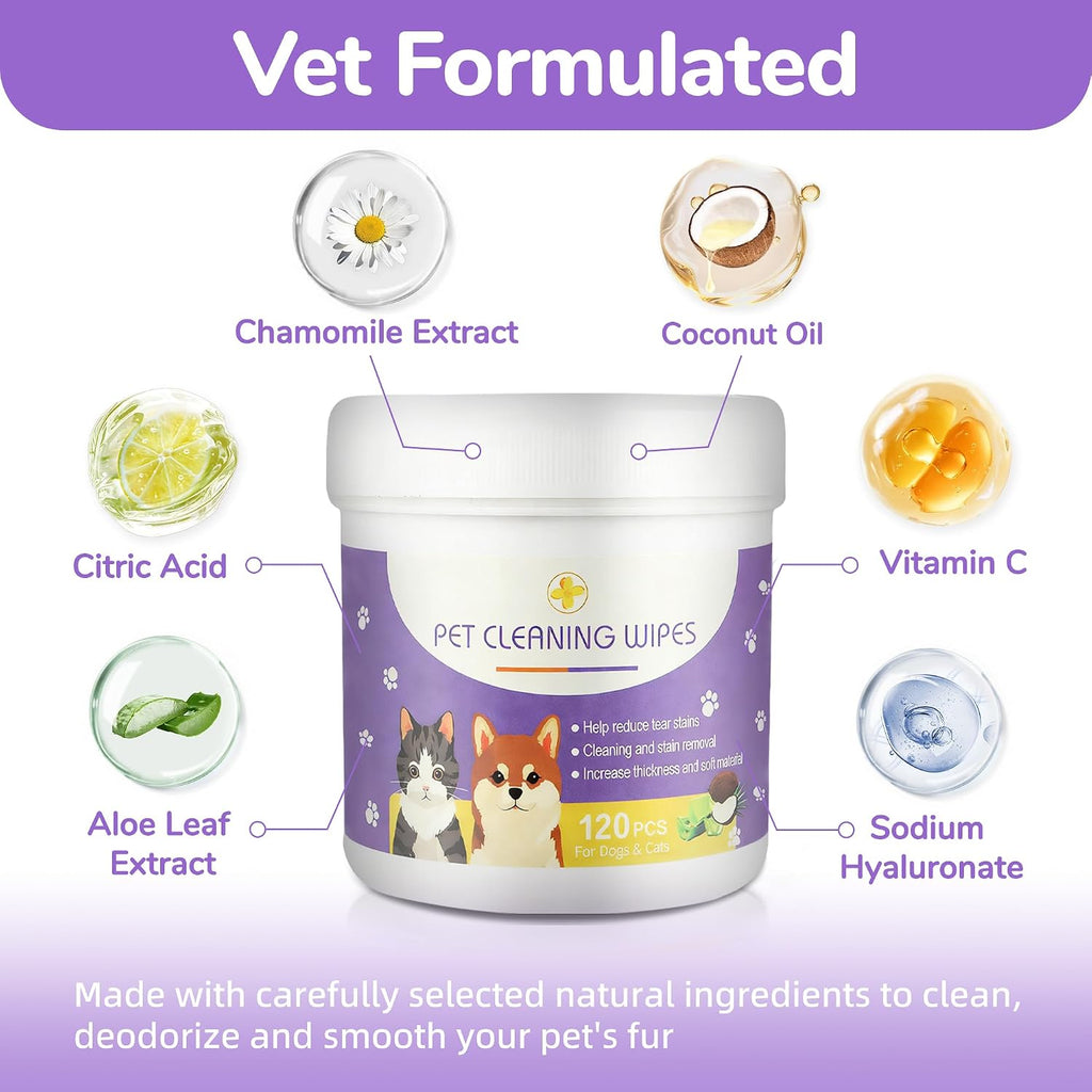 Dog Eye Wipes, 120 Count Cat Eyes Cleaning Wipes Gentle Pet Tear Stain Remover, Hypoallergenic Puppy Dogs Eye Wash Cleaner for Debris Discharge Mucus, Vet Recommended Aloe Chamomile Pets Wipe Pads - view 3