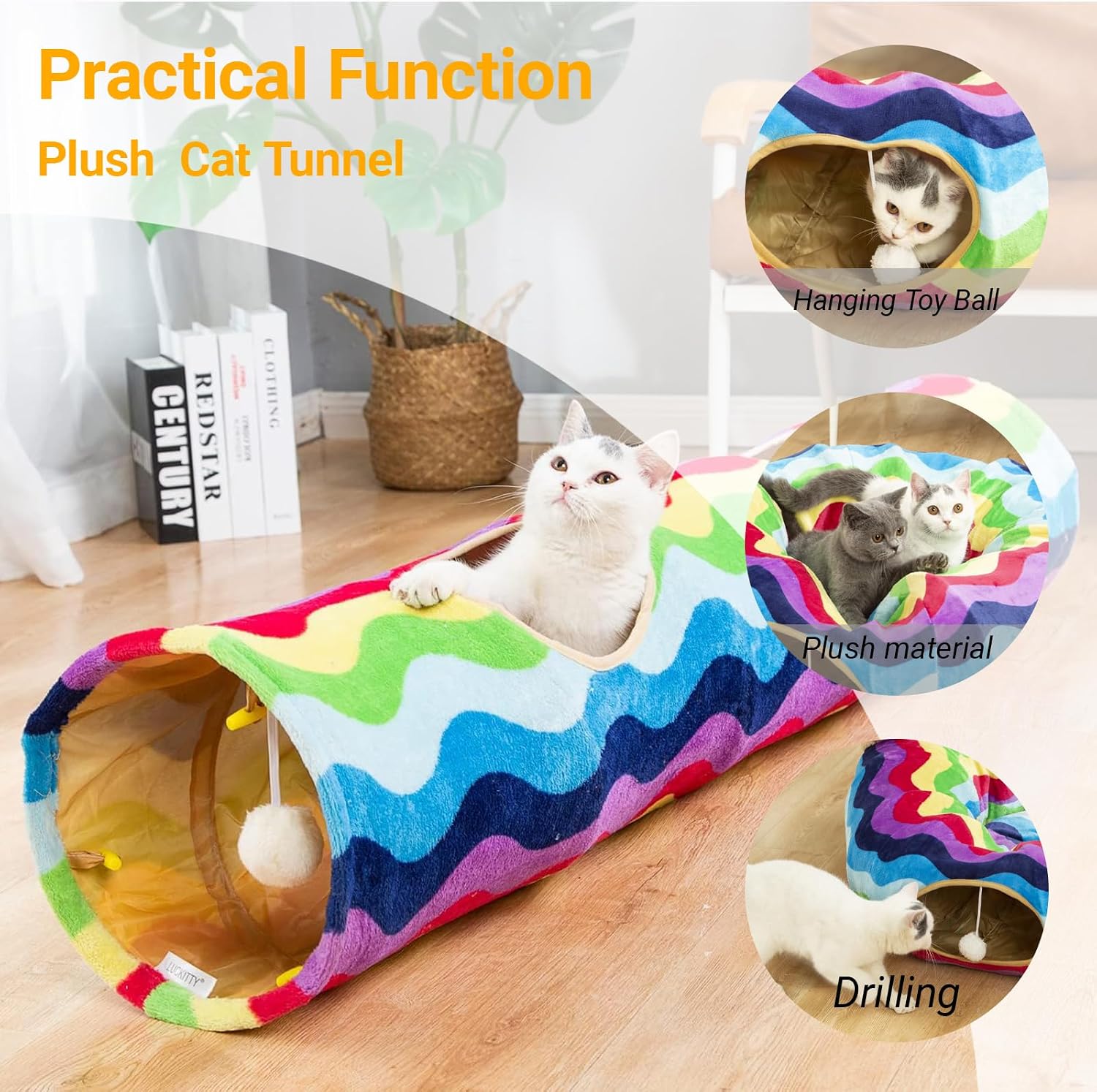 Cat tunnel - straight-shaped, rainbow wave color, soft velvet exterior, Oxford fabric fog-proof interior, plush toy ball, easily washable, conveniently foldable, 47.2in/120cm - view 2
