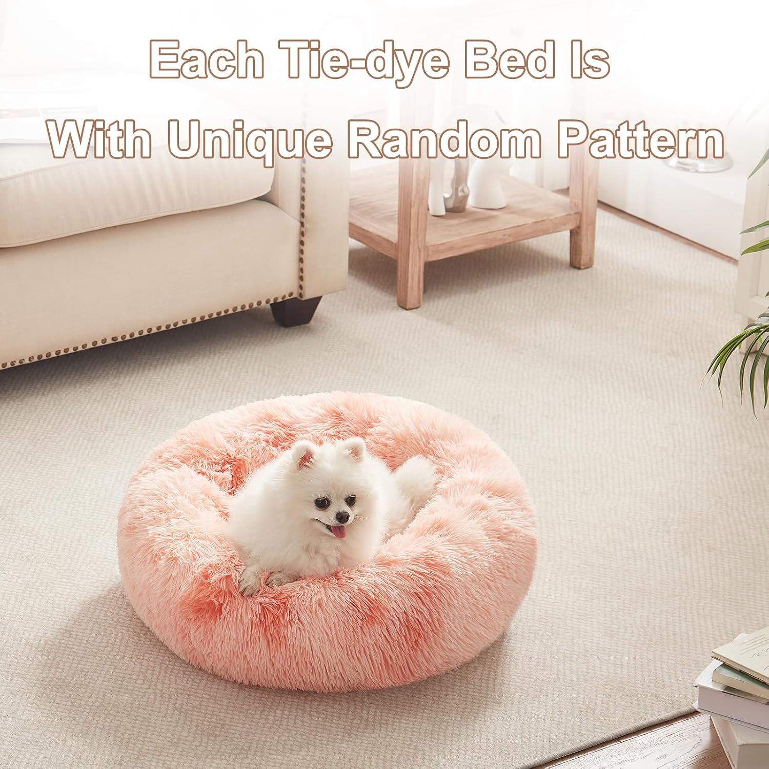 23 in faux fur fluffy donut dog bed for small dogs, tie-dye pink | calming plush round puppy pet bed with removable & washable cover, fits up to 25 lbs pets - view 6