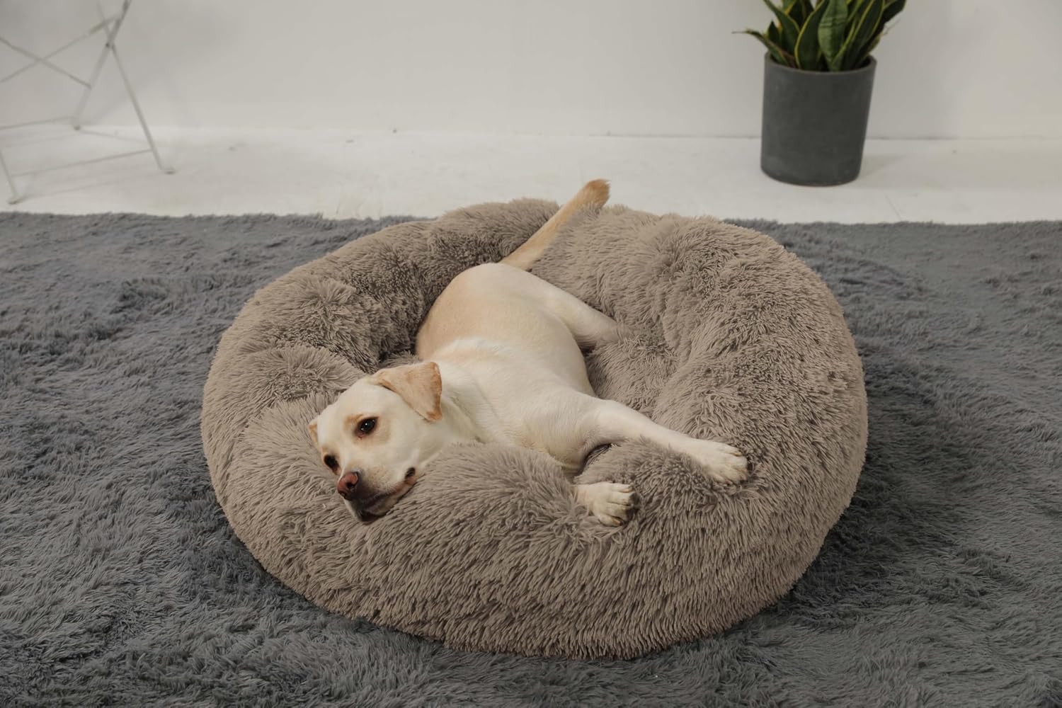 Calming Donut Cuddler Dog Bed, Round Fluffy Pet Bed with Sewn-in Cushion for Large Dogs,Washable, Large, Taupe, 30'' - view 6