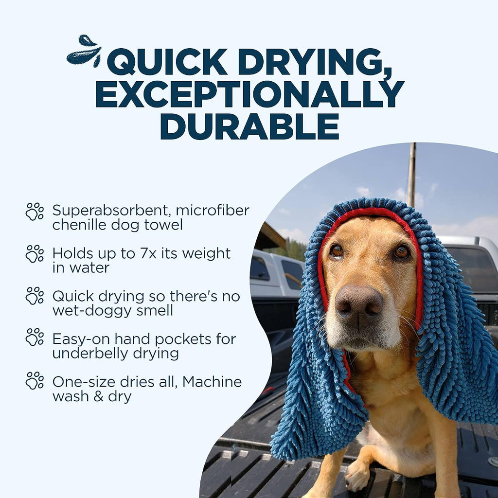 Super shammy dog towel - microfiber chenille towel for drying dogs and cleaning paws - fast drying with hand pockets for ease (blue/red trim, 31" x 14") | hand-pocket design; noodle-texture chenille; gentle on paws & skin; for bath time, beach - view 3