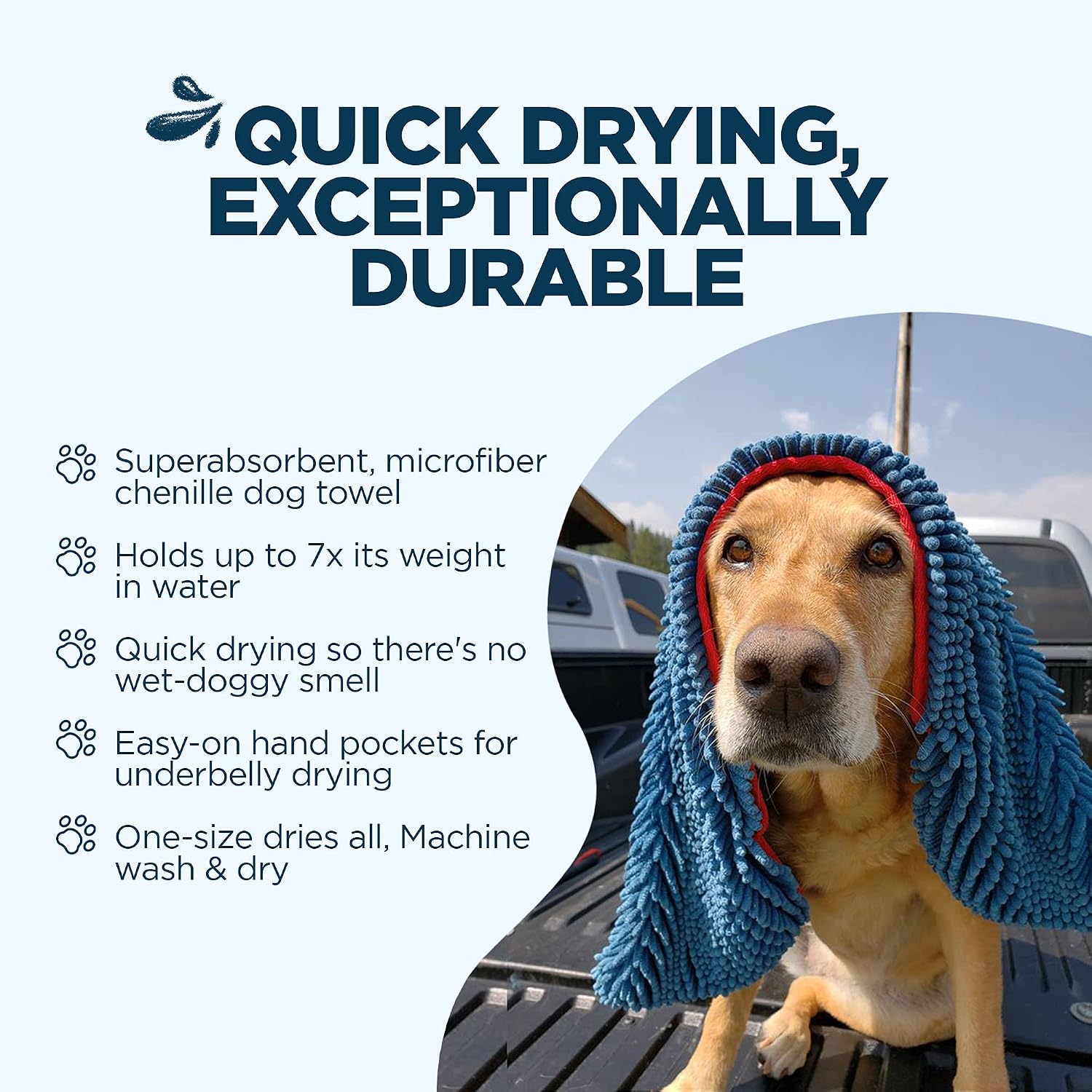 Super shammy dog towel - microfiber chenille towel for drying dogs and cleaning paws - fast drying with hand pockets for ease (blue/red trim, 31" x 14") | hand-pocket design; noodle-texture chenille; gentle on paws & skin; for bath time, beach - view 3