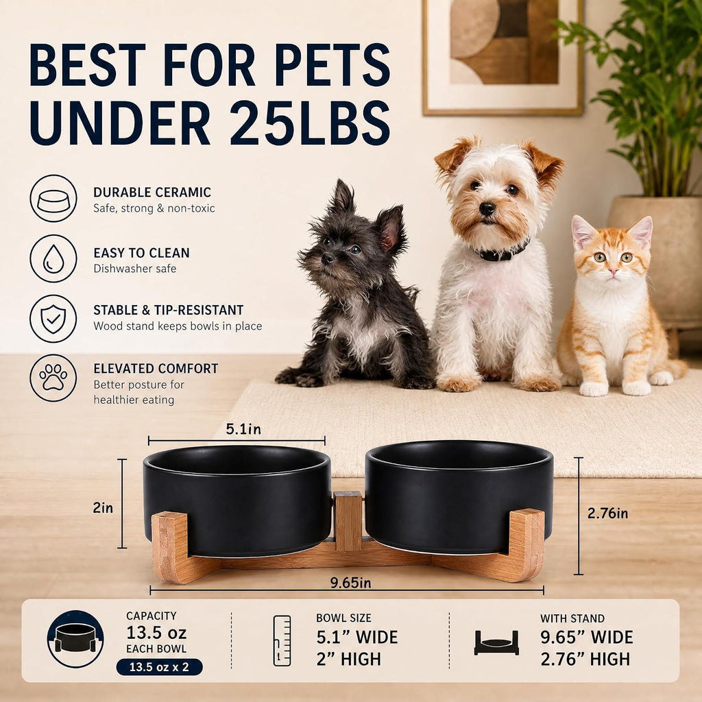 Ceramic Dog Cat Bowls Set with Stand,Black Pet Food and Water Bowl,Small Dog Bowls Cute Modern Anti Slip Set of 2 Pet Feeder Small Size Pet Dish(13.5OZ/5.1 in) - view 3
