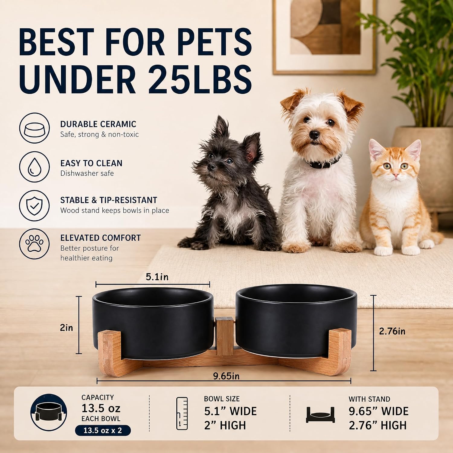 Ceramic Dog Cat Bowls Set with Stand,Black Pet Food and Water Bowl,Small Dog Bowls Cute Modern Anti Slip Set of 2 Pet Feeder Small Size Pet Dish(13.5OZ/5.1 in) - view 3