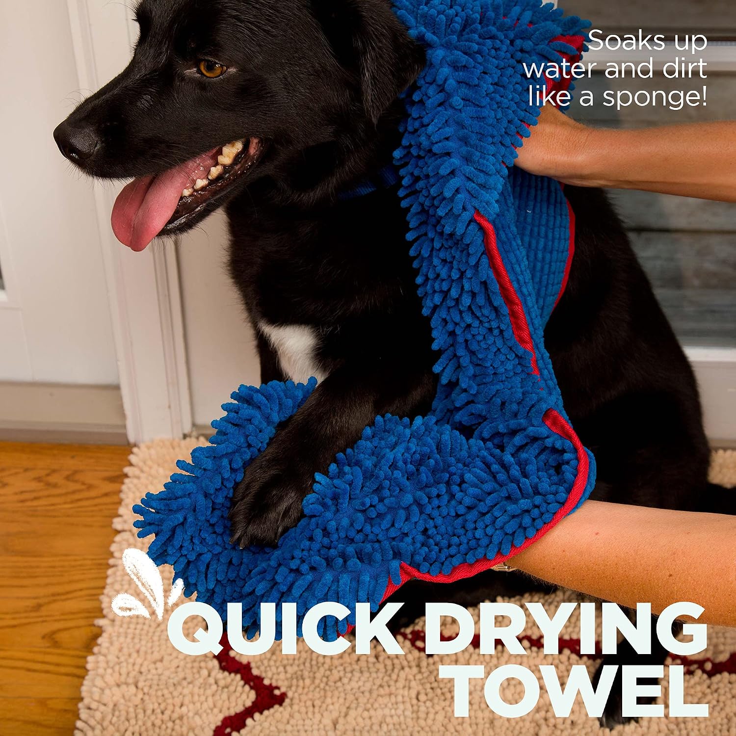 Super shammy dog towel - microfiber chenille towel for drying dogs and cleaning paws - fast drying with hand pockets for ease (blue/red trim, 31" x 14") | hand-pocket design; noodle-texture chenille; gentle on paws & skin; for bath time, beach - view 2