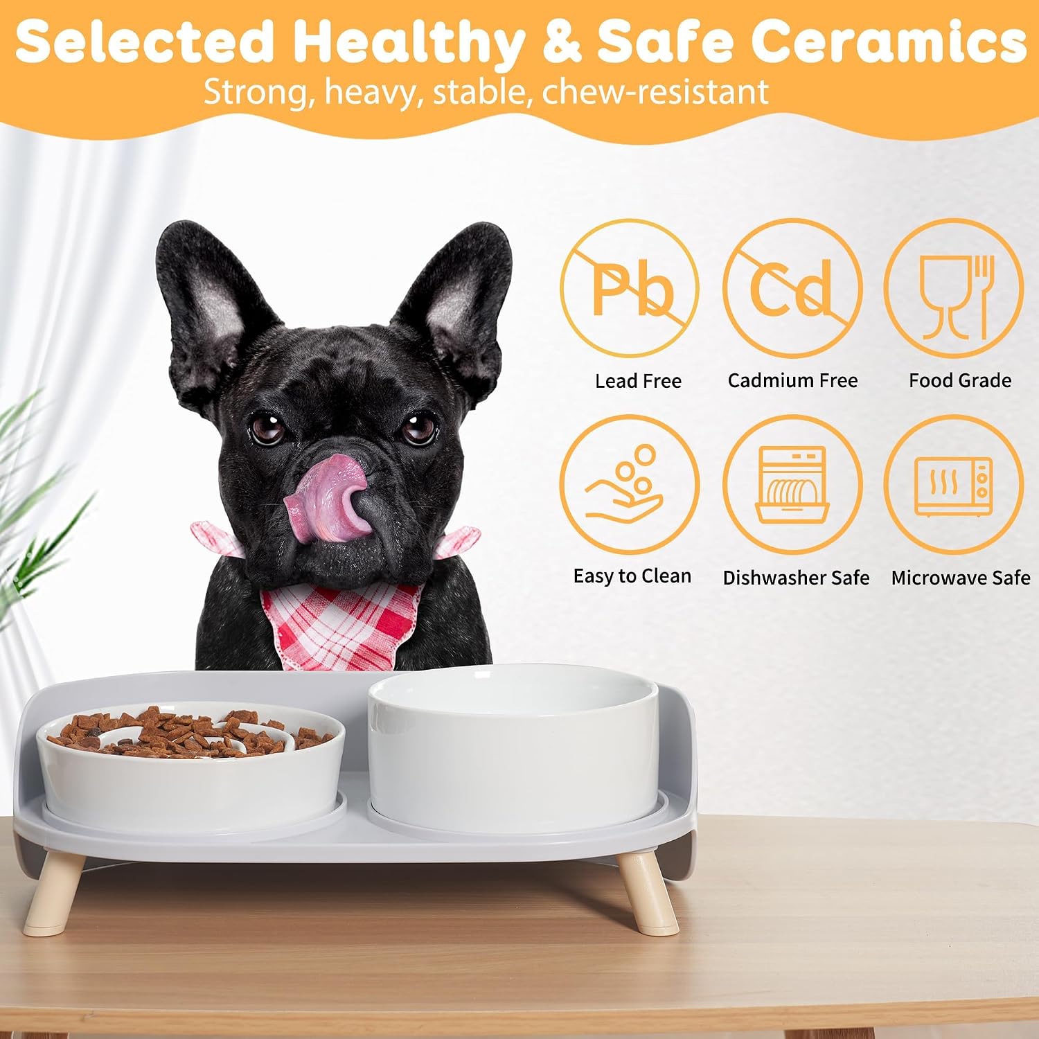 Elevated slow feeder dog bowls with splash proof stand, slow eating 5X | 6.5″ dog slow feeding bowls & 6.1″ dog food dish, non-slip raised food and water bowl set for small and medium breeds, white - view 5