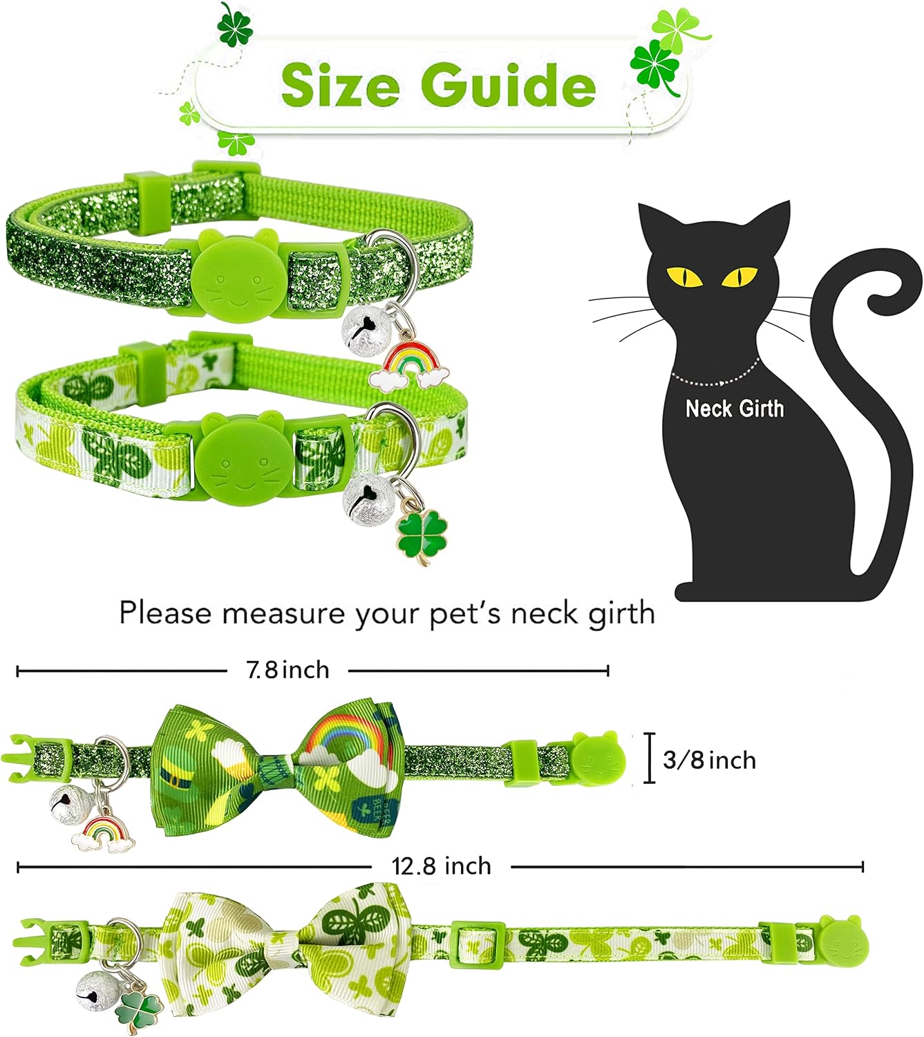 2 pack St. Patrick's cat collar with bow tie and bell, kitty kitten breakaway lucky Irish shamrock collar for girls and boys male female cats (the lucky one) - view 3