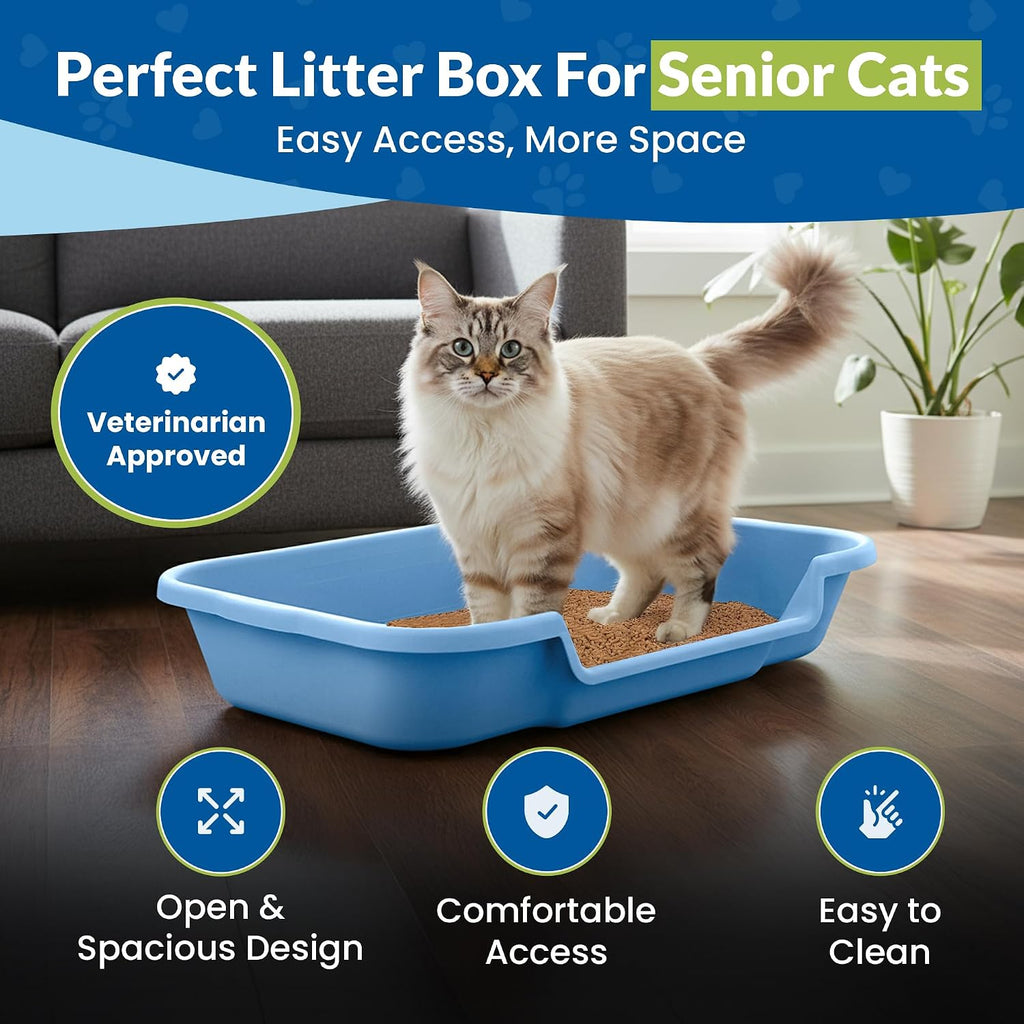 Senior cat litter box, large litter pan, little boy blue | open top low entrance kitty litter box, lightweight low entry litters box, durable design for easy cleaning, made in USA - view 2
