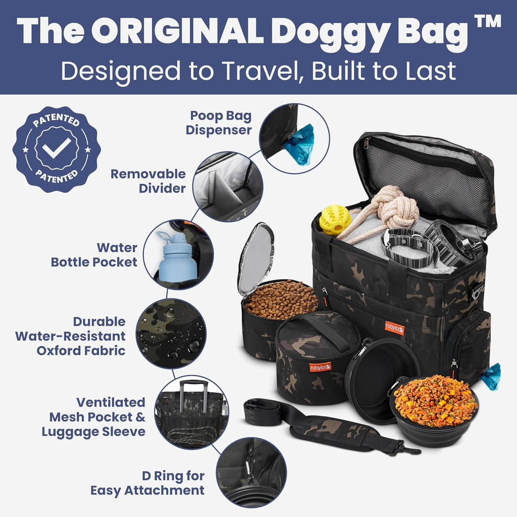 Dog travel bag for supplies with travel bowls | 2 BPA-free collapsible bowls, 2 pet food containers, TSA-ready, road trips, camping, weekend getaways, doggy gift, camo - view 2