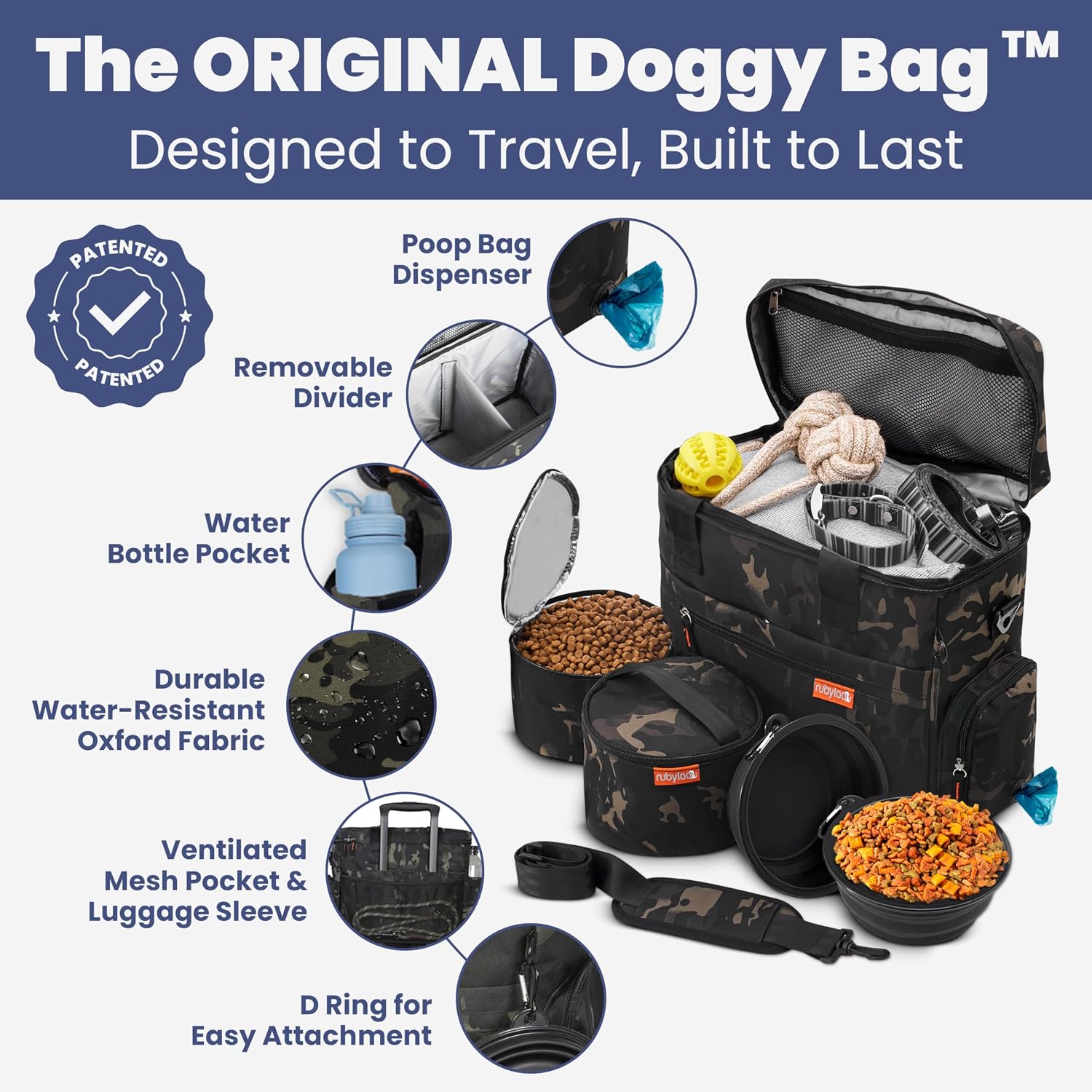 Dog travel bag for supplies with travel bowls | 2 BPA-free collapsible bowls, 2 pet food containers, TSA-ready, road trips, camping, weekend getaways, doggy gift, camo - view 2