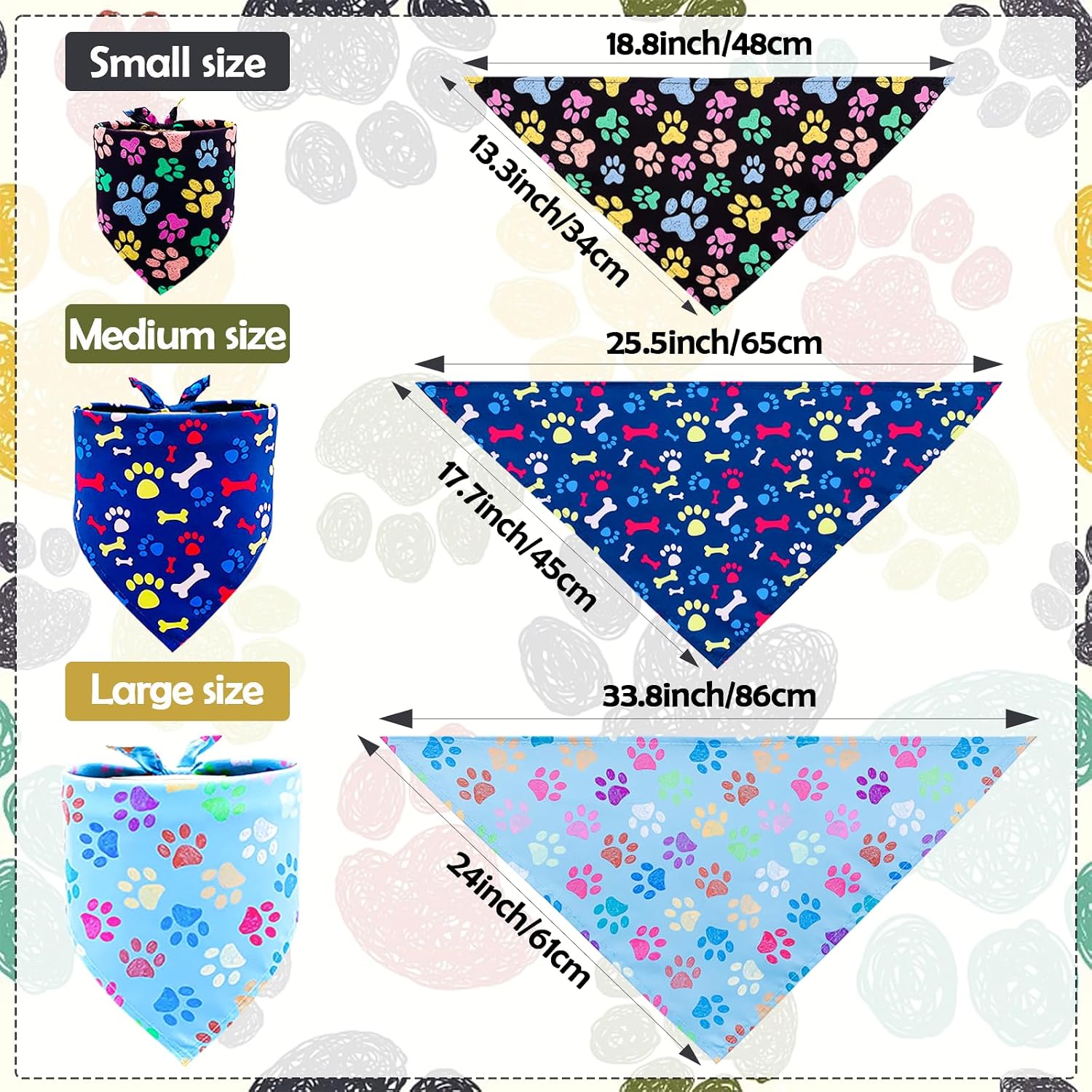 Paw print dog bandanas bulk for small dogs sewn edge 18" 30pcs S | hemmed dog bandanas for dogs polyester small dog bandana bulk for pets groomer dog scarves scarfs party grooming - view 2