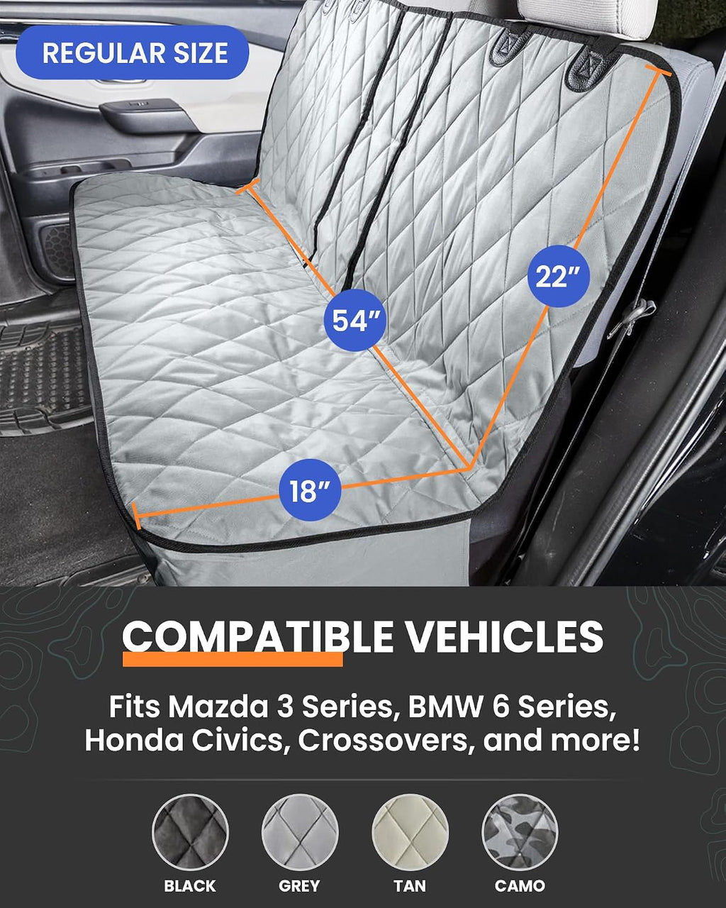 Dog Rear Seat Cover for Fold Down Seats - Fitted, Black Regular | Heavy-duty split design fits 60/40 and 50/50 fold-down seats. No Hammock. K9-Shield waterproof layer. Non-slip backing. - view 2