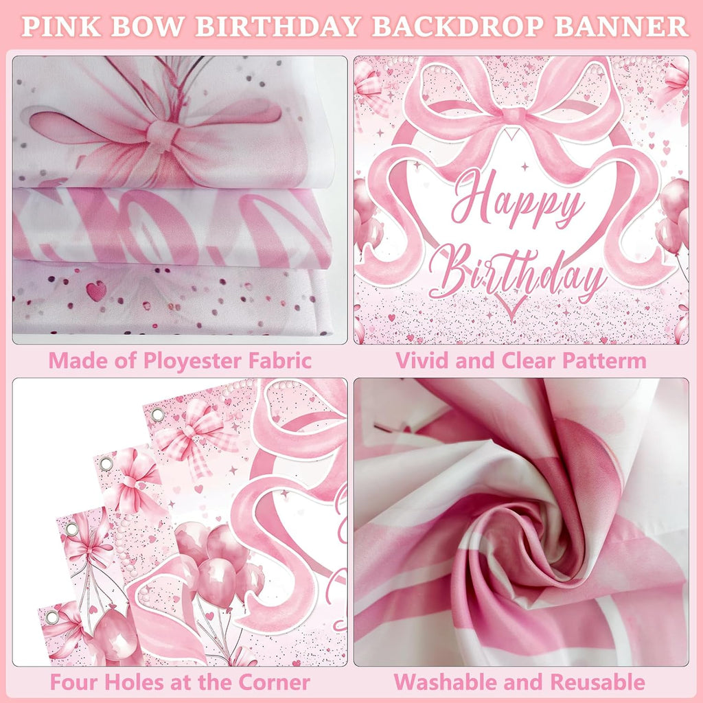 Pink Bow Birthday Decorations for Girls Women, Coquette Birthday Decorations, Pink and White Happy Bday Banner Backdrop Balloons Tablecloth Hanging Swirls Cake Toppers, Bows Theme Party Decor Girl - view 7