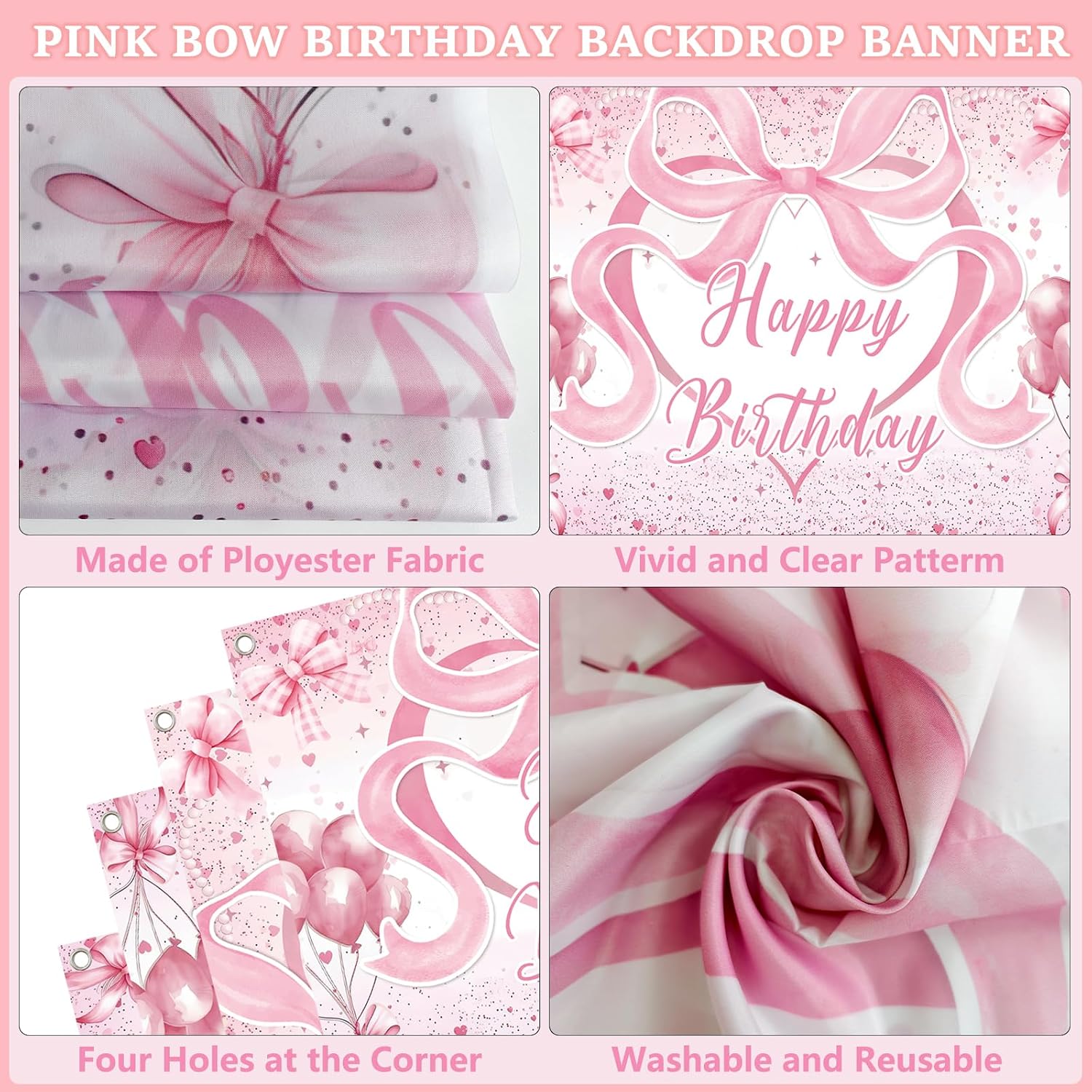 Pink Bow Birthday Decorations for Girls Women, Coquette Birthday Decorations, Pink and White Happy Bday Banner Backdrop Balloons Tablecloth Hanging Swirls Cake Toppers, Bows Theme Party Decor Girl - view 7