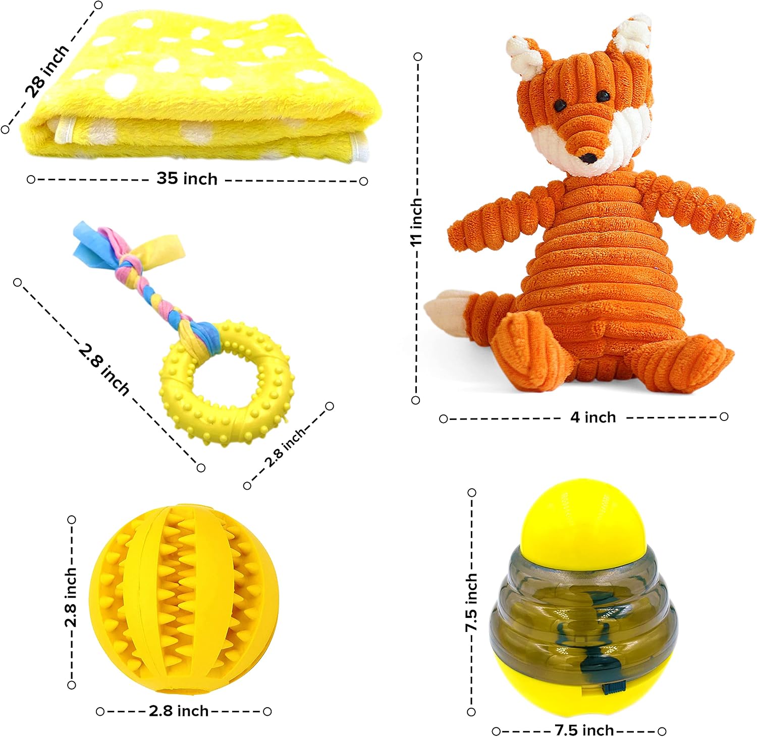 Puppy starter kit – 5pc dog toy gift set for small dogs – new puppy essentials gift box with blanket, squeaky plush, teething ring, treat ball & chew ball (yellow) - view 6