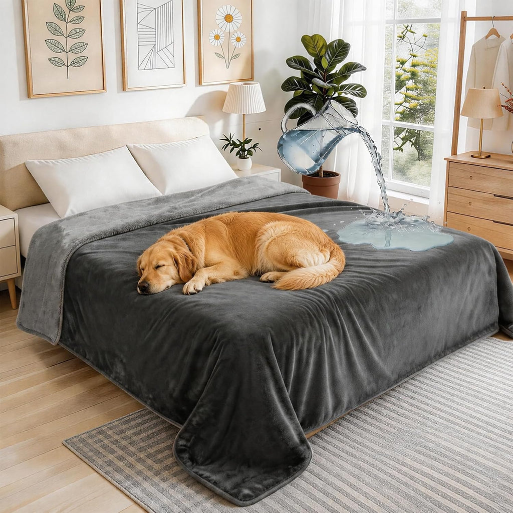Waterproof Dog Blanket for Bed: King Size Water Proof Blanket, Gray | 100% Waterproof, Soft Double-Sided Flannel, King Size 108" x 90", Pet & Bed Protection, Machine Washable