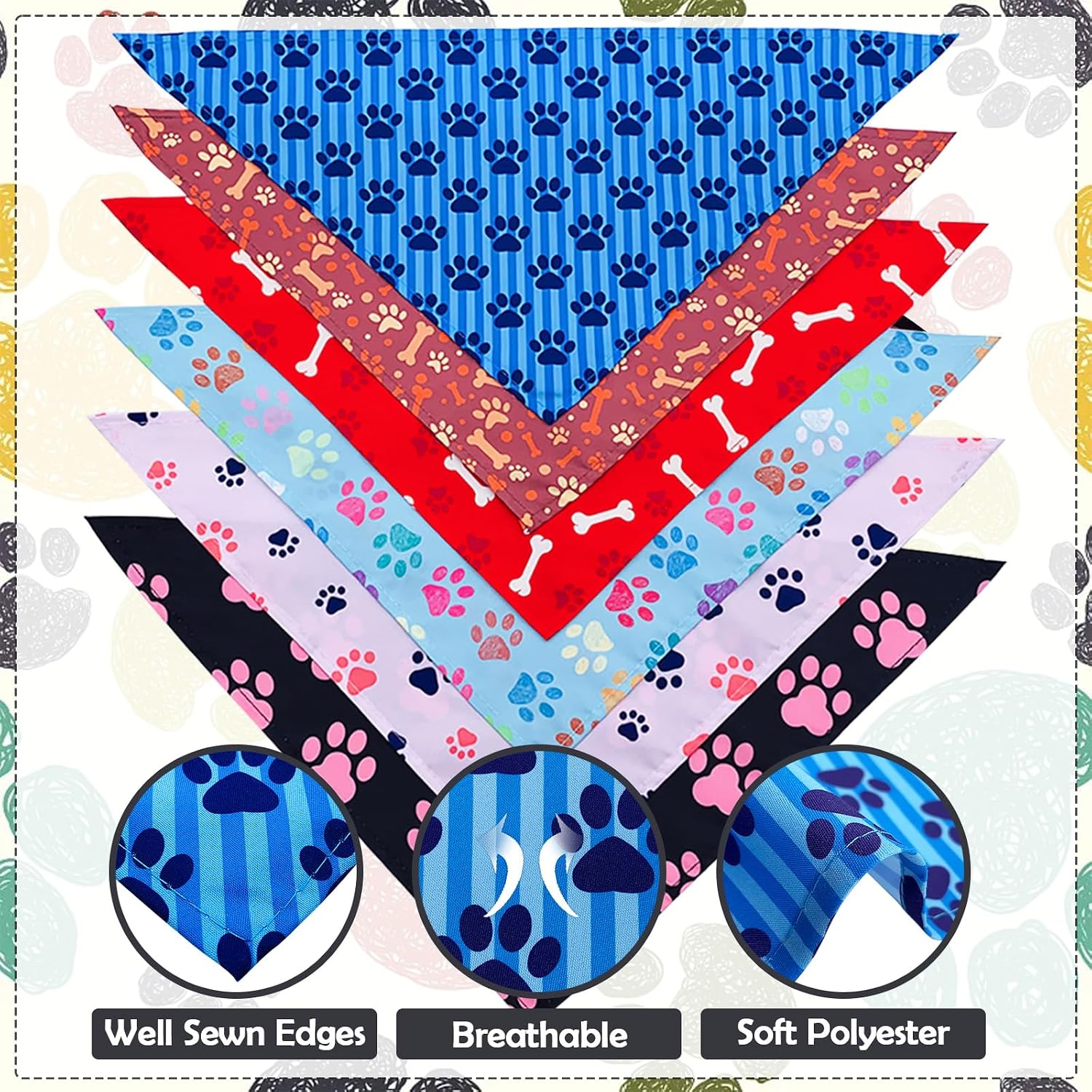 Paw print dog bandanas bulk for small dogs sewn edge 18" 30pcs S | hemmed dog bandanas for dogs polyester small dog bandana bulk for pets groomer dog scarves scarfs party grooming - view 3