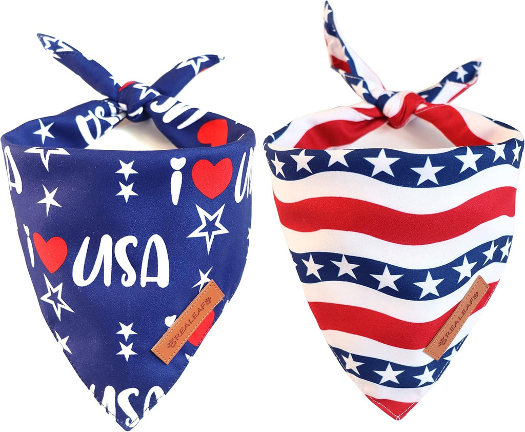 4th of July Bandanas 2 Pack, Triangle Reversible American Flag Pet Patriotic Scarf for Boy and Girl, Premium Durable Fabric, USA Bandana for Medium and Large Dogs (Large)