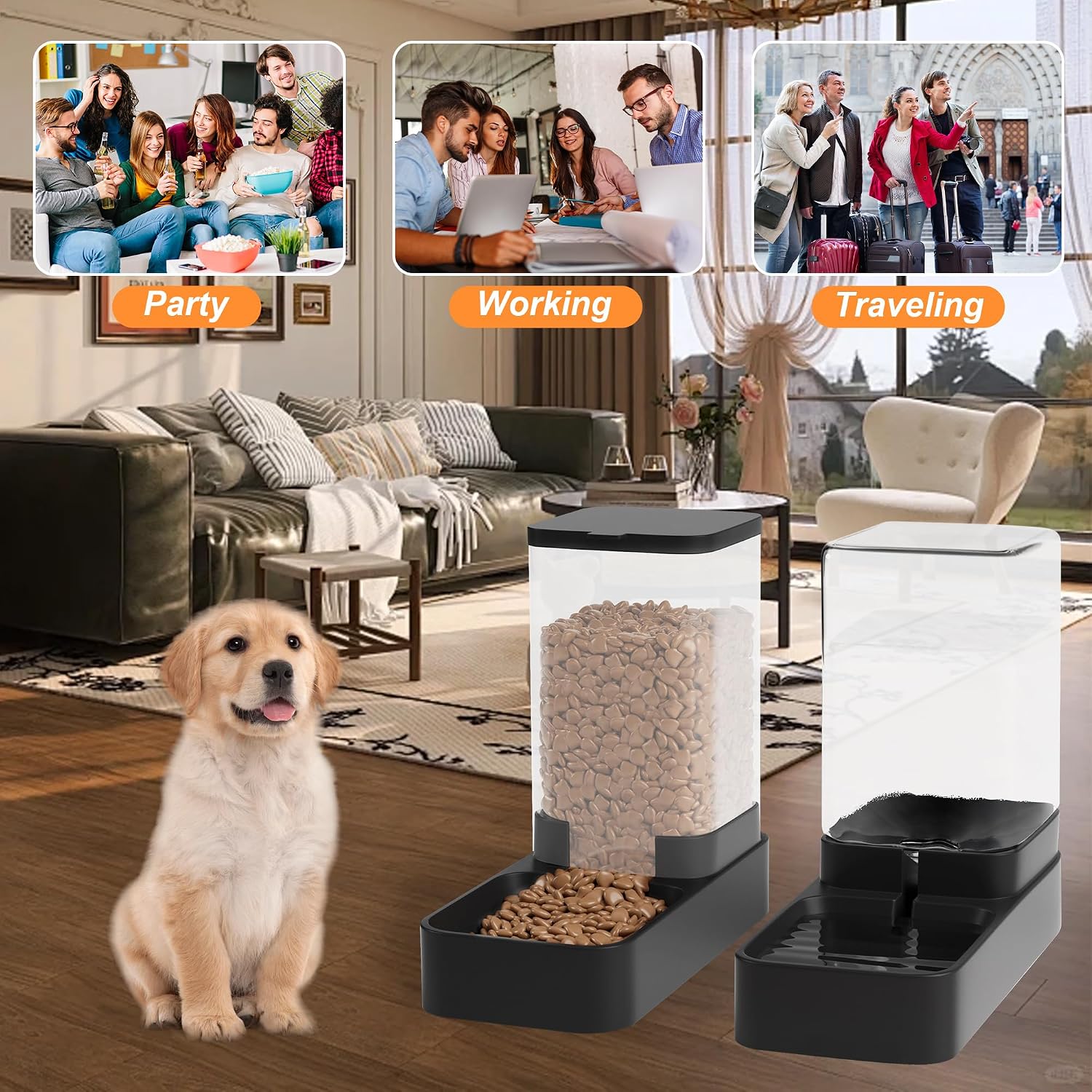 Automatic cat feeder and water dispenser in set with pet food bowl, gravity dog waterer and food feeder for small medium dog cat puppy kitten large capacity (3.3L, black) - view 7
