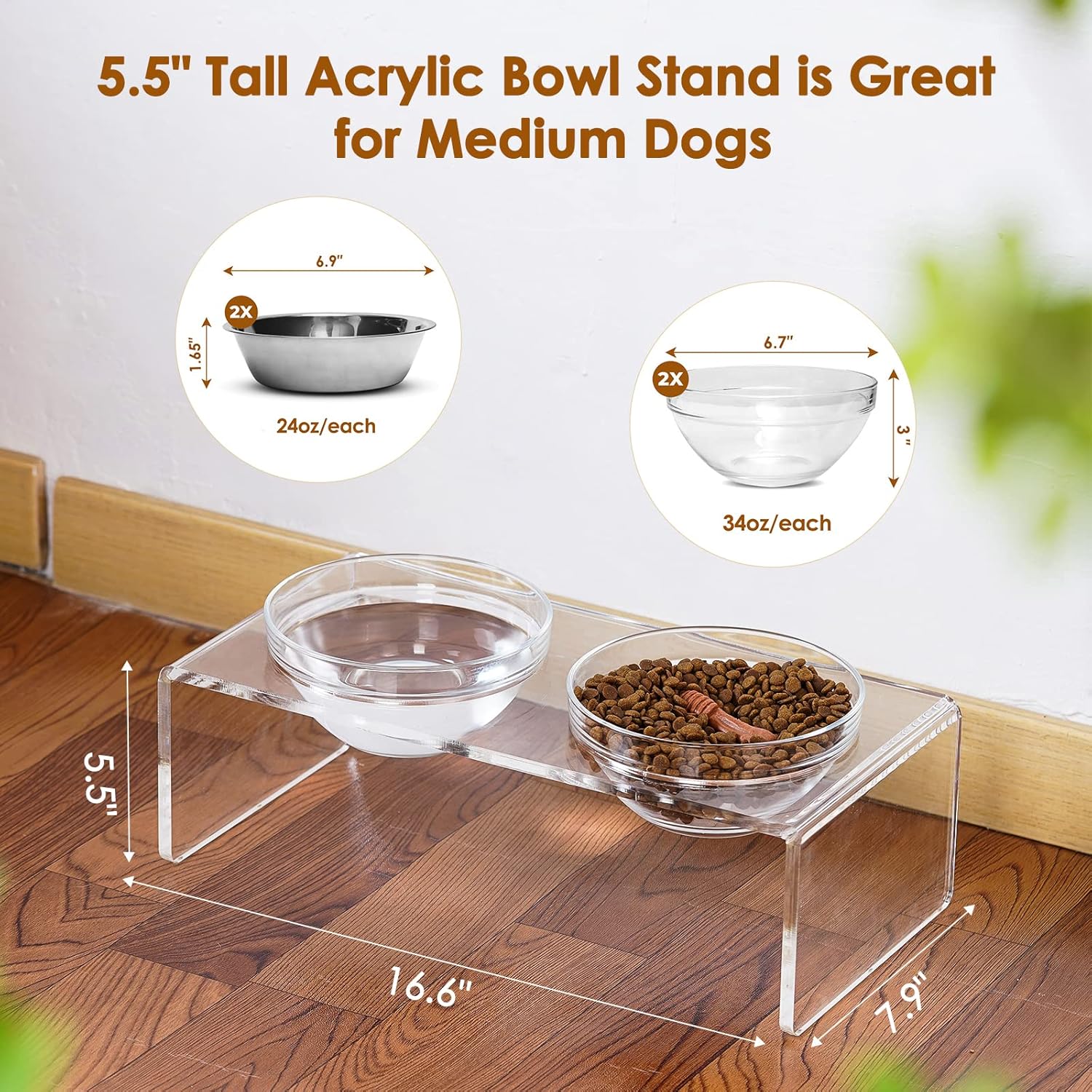 Acrylic elevated dog cat bowls pet feeder double bowl raised stand comes with 2 removable glass bowls and 2 stainless steel bowls. Perfect for medium dogs, 5.5" tall - view 3