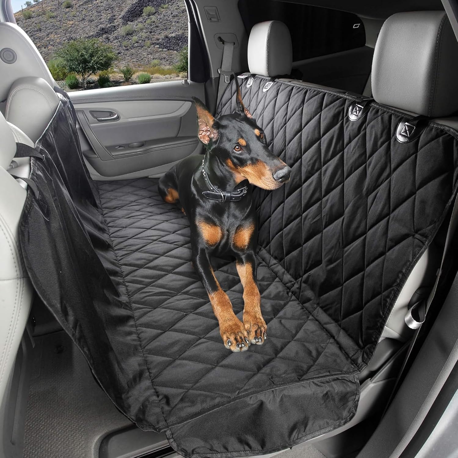 Heavy-Duty Rear Seat Cover for Dogs - Hammock, Black Reg | K9-Shield waterproof layer, non-slip backing, quick-release clips for easy install and cleanup. Machine washable.