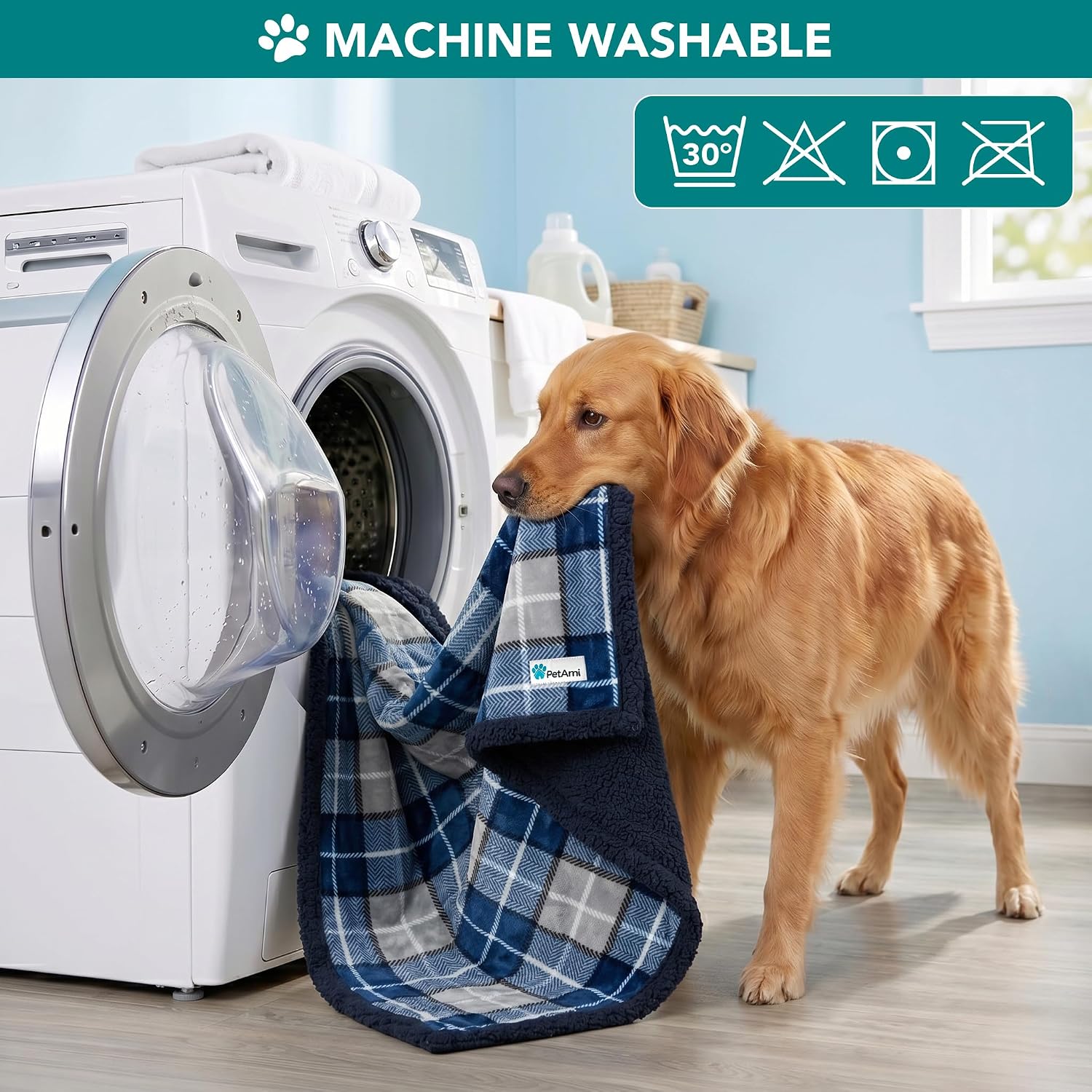 Dog Blanket for Small Medium Dogs and Cats, Soft Sherpa Fleece Pet Blanket Throw Puppies Kittens, Reversible Plush Couch Cover Protector Sofa Bed Crate, Machine Washable, 60x40, Plaid Navy Blue - view 6