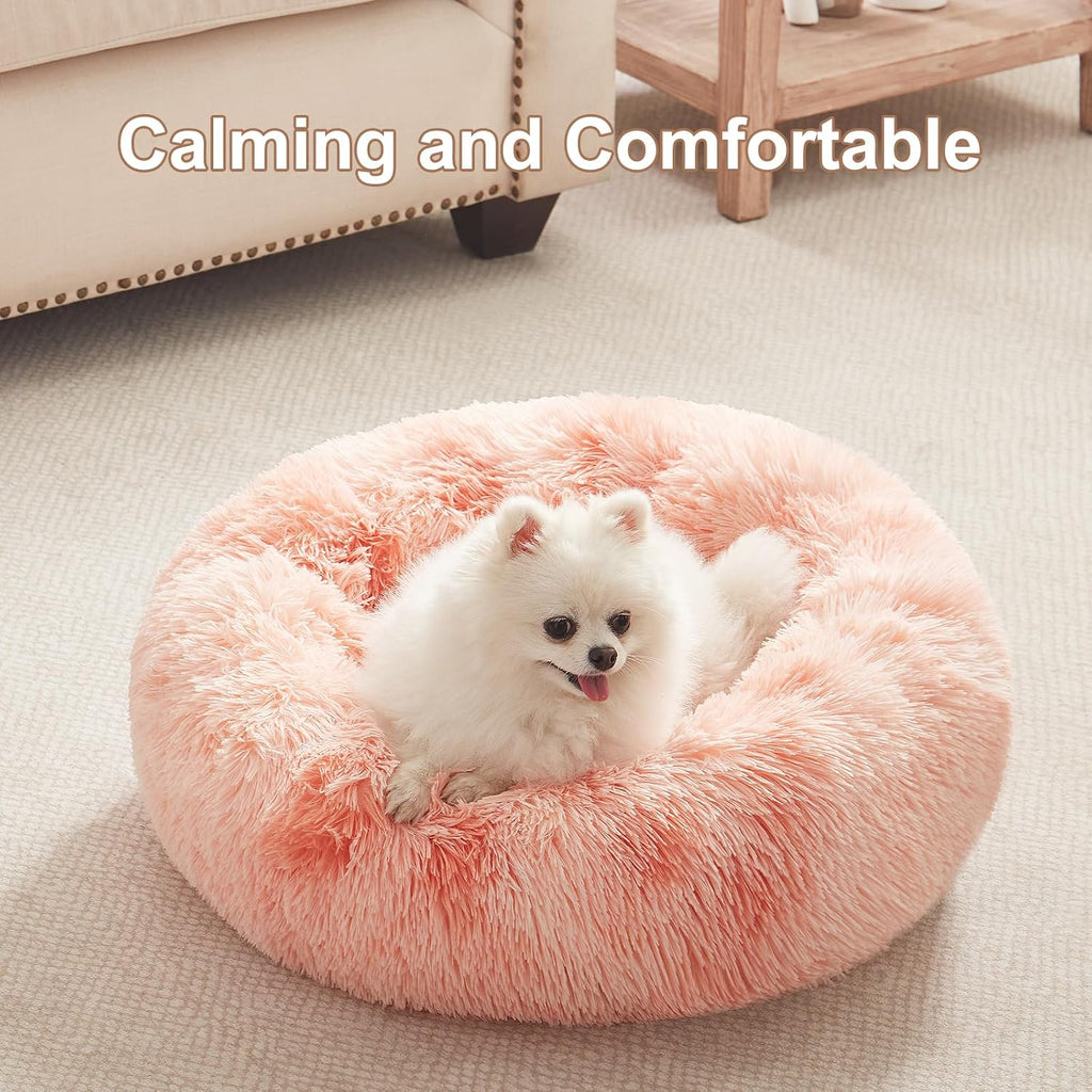 23 in faux fur fluffy donut dog bed for small dogs, tie-dye pink | calming plush round puppy pet bed with removable & washable cover, fits up to 25 lbs pets - view 2