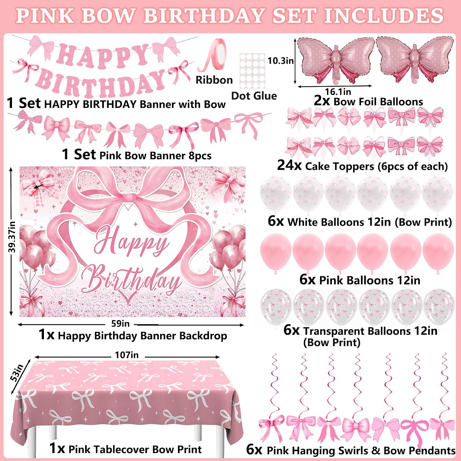Pink Bow Birthday Decorations for Girls Women, Coquette Birthday Decorations, Pink and White Happy Bday Banner Backdrop Balloons Tablecloth Hanging Swirls Cake Toppers, Bows Theme Party Decor Girl - view 2