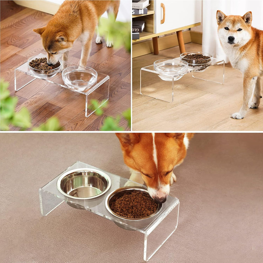 Acrylic elevated dog cat bowls pet feeder double bowl raised stand comes with 2 removable glass bowls and 2 stainless steel bowls. Perfect for medium dogs, 5.5" tall - view 6