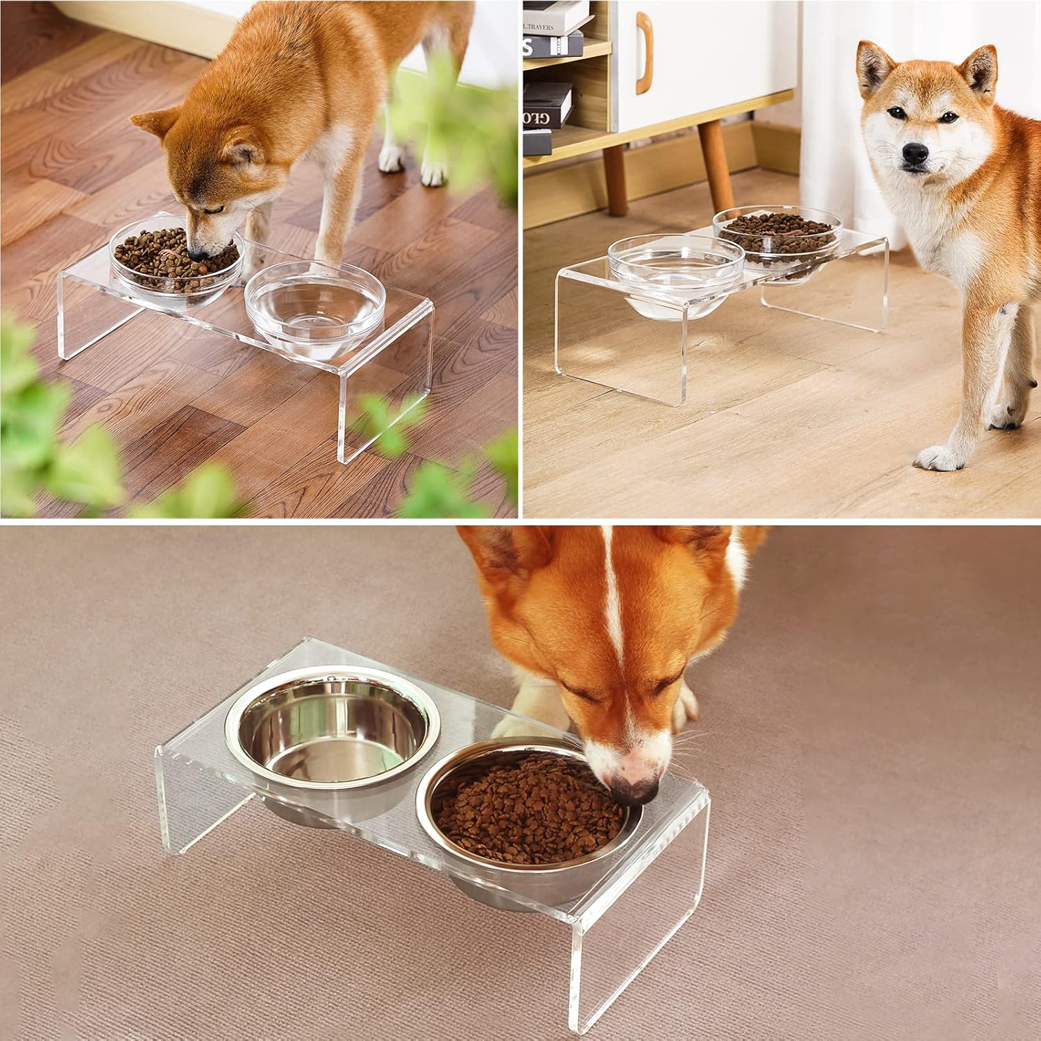 Acrylic elevated dog cat bowls pet feeder double bowl raised stand comes with 2 removable glass bowls and 2 stainless steel bowls. Perfect for medium dogs, 5.5" tall - view 6