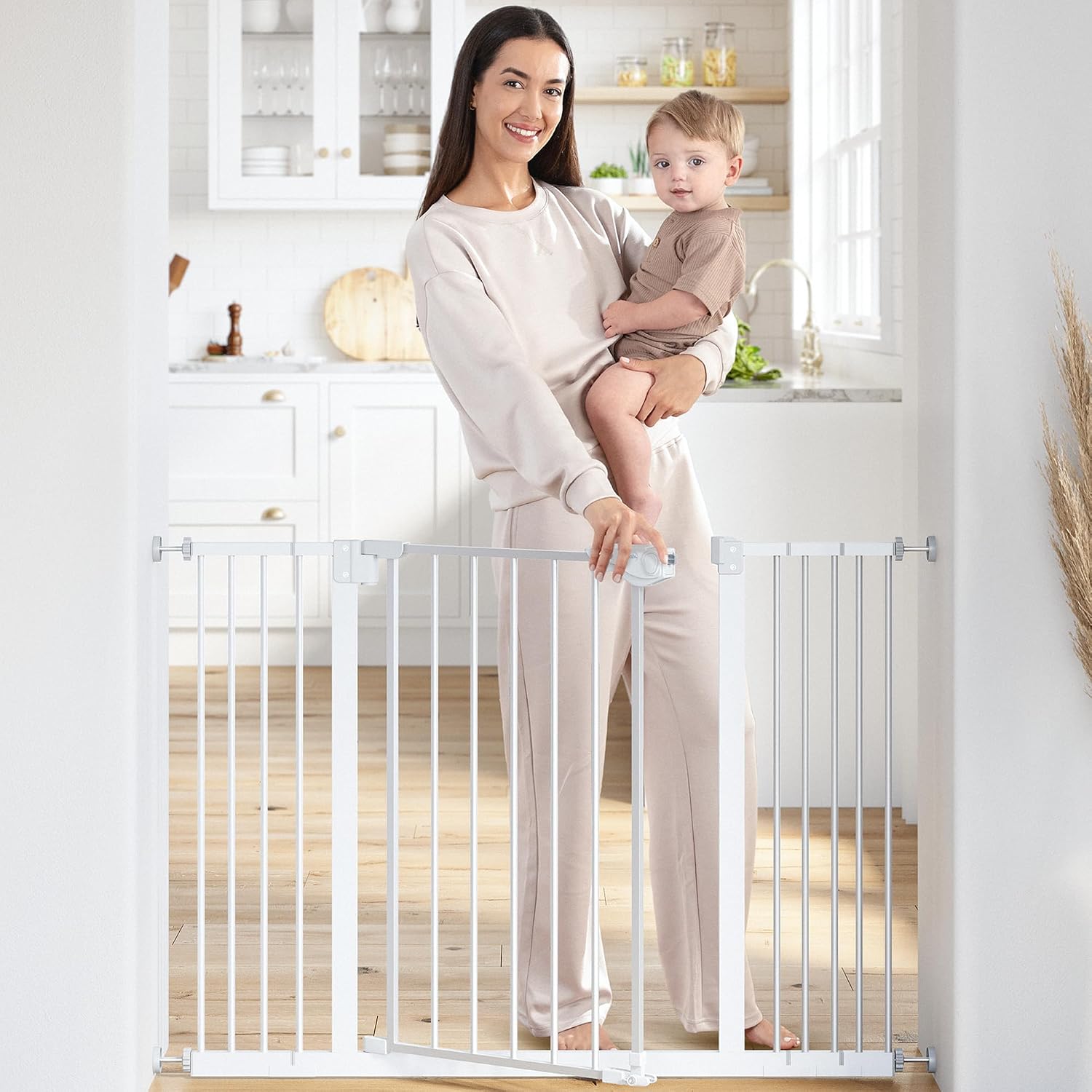 Baby Safety Gate with 3 Extensions - Adjustable 42" x 1.9" x 30" Q195 Steel Doorway Barrier - Powder-Coated Finish for Stairs and Doorways - Walk-Through Design Pet Gate - White