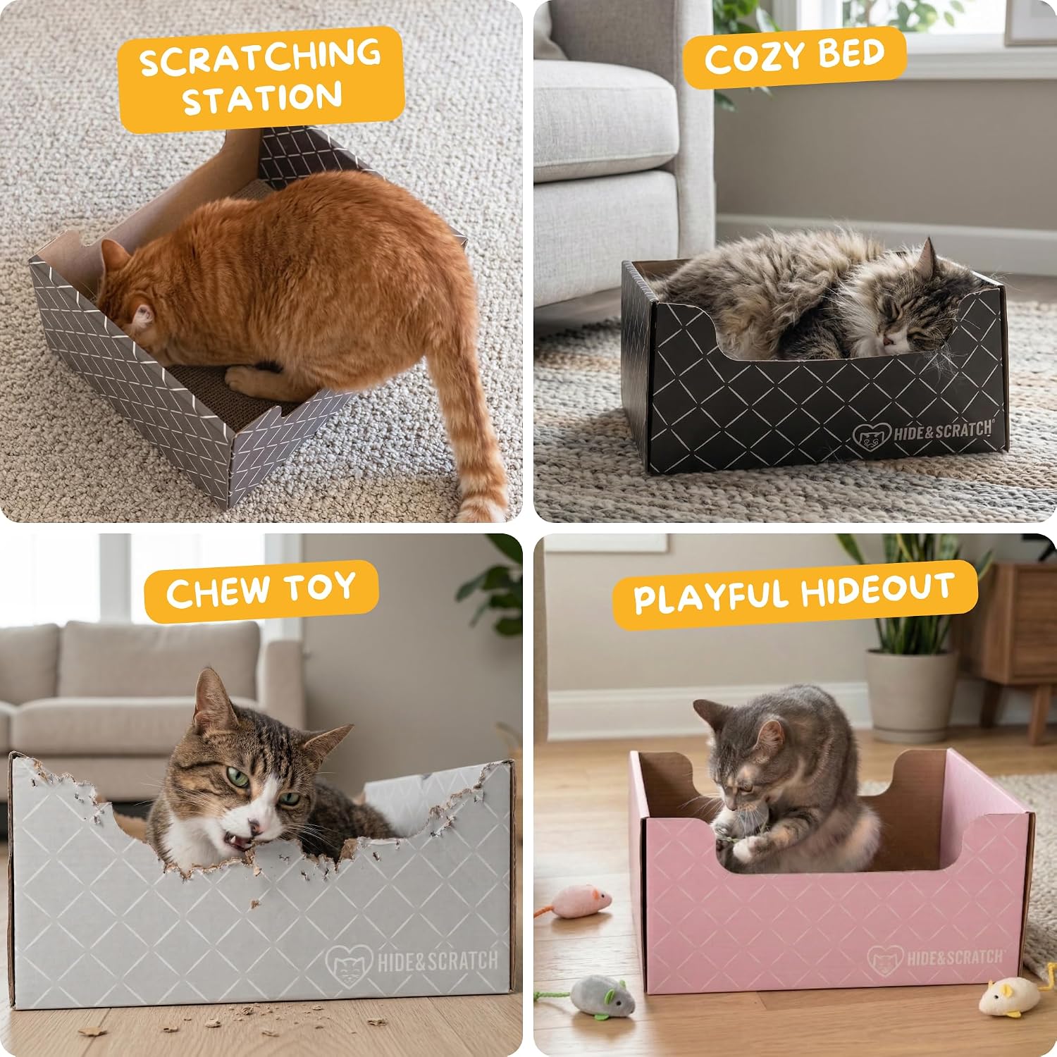 Cardboard Cat Scratcher Box & Bed - Dark Grey Diamond | Double-Sided Corrugated Pad for Indoor Cats | Refillable Scratching Board Toy for Play & Furniture Protection - view 7