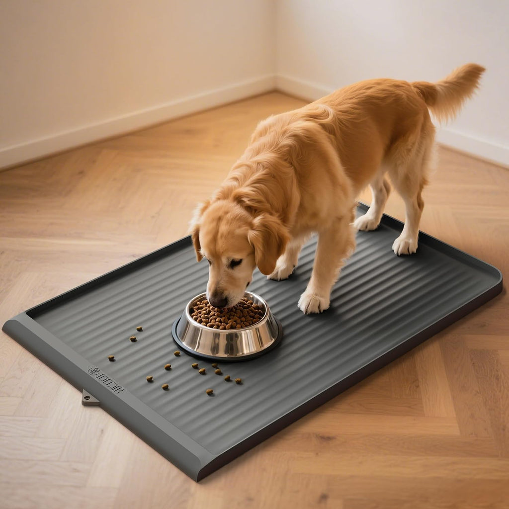 Dog food mat 36"x24", waterproof dog bowl mat, grey | raised edges prevent spills, diversion grooves, waterproof surface, non-slip backing, easy to clean