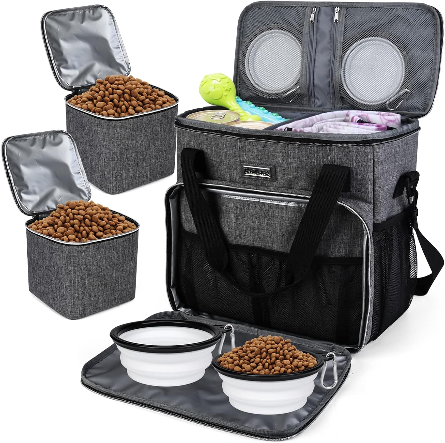 Dog Travel Bag, Pet Travel Bag (ALL Pet Travel Supplies), With 2 Pet Food Containers and 2 Collapsible Silicone Bowls; Essential Kits for Pet Travel Grey