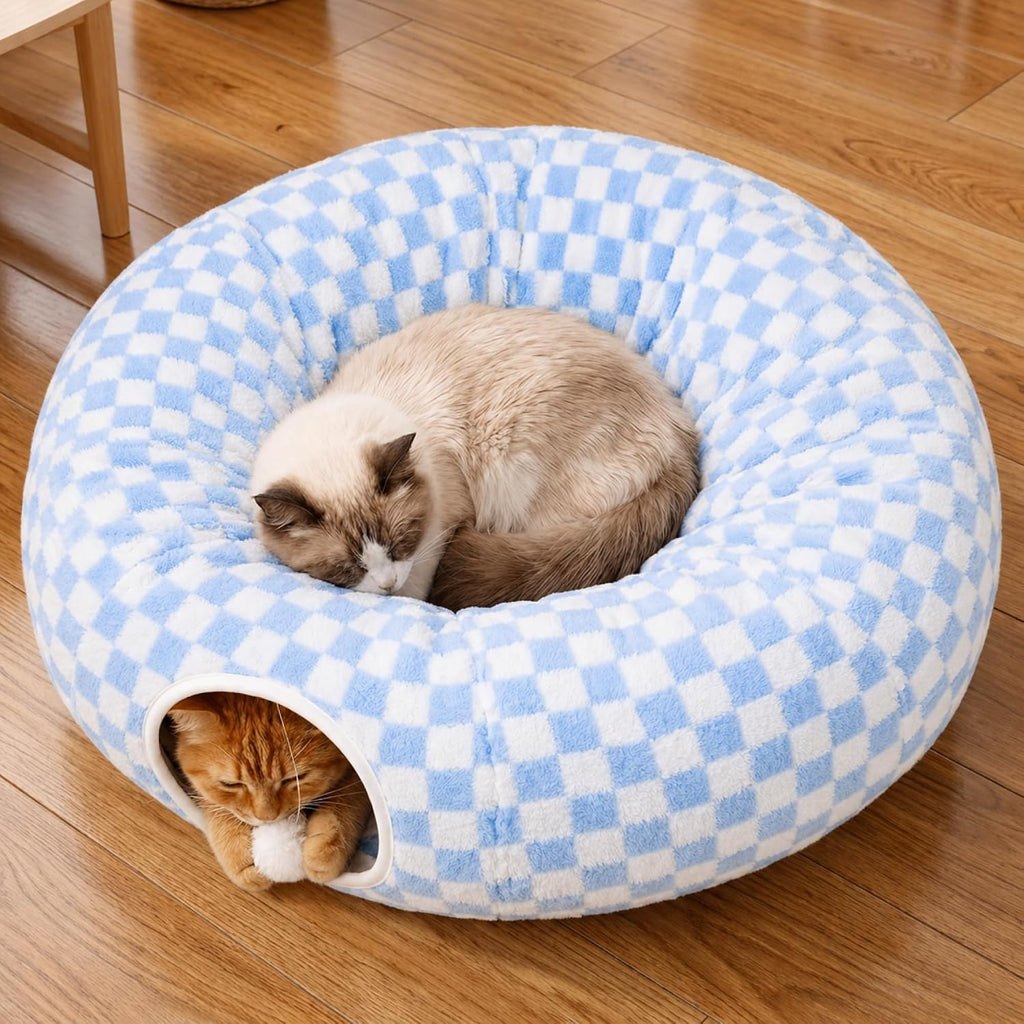 Indoor Cat Tunnel with Donut Bed - Large Flexible Play Space for Multiple Pets - Circle or Snake Shape, Cozy Lounge (Jungle Nest)