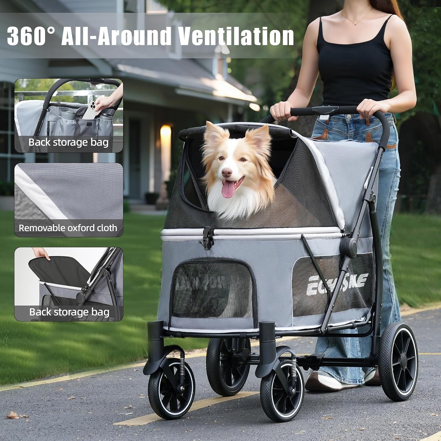 Dog Stroller for Large Dogs, 135lbs Weight Extra Large Pet Stroller, 4 Wheels Cats & Dogs Carrier with Brakes, Breathable Mesh Windows & Pocket, Gray - view 6