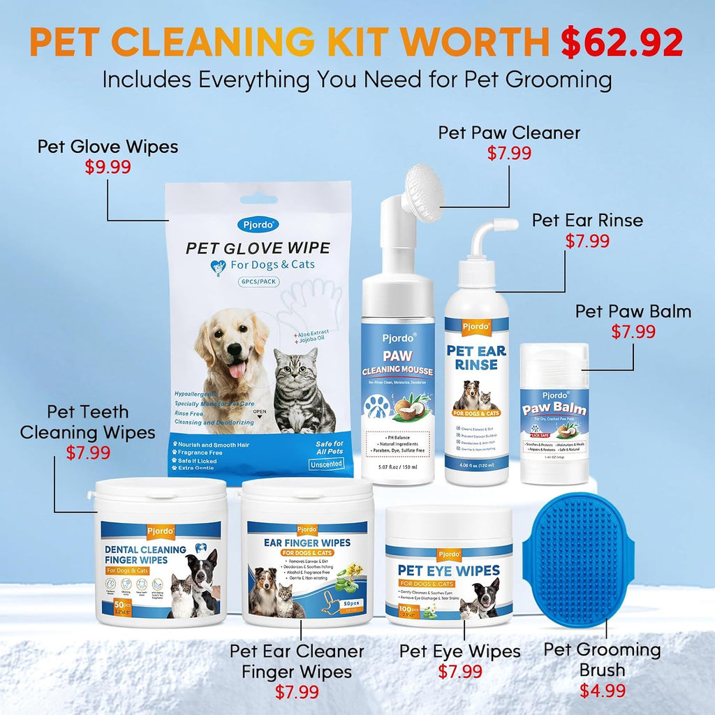 Pet Essential Supplies for Dog & Cat, Cleaning Kit for Whole Body, Pet Wipes Cleaning Deodorizing, Grooming Wipes & Paw Cleaner, Finger Wipes for Teeth, Ear & Eyes, Suitable for Daily Care - view 7
