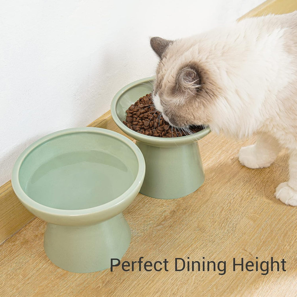 2-Pack Elevated Ceramic Cat Bowls Extra Wide for Food & Water | Anti Vomiting, Whisker Friendly, Shallow Food Dish and Deep Water Bowl, Lead&Cadmium-Free, Raised Height for Cats, Sage Green - view 4